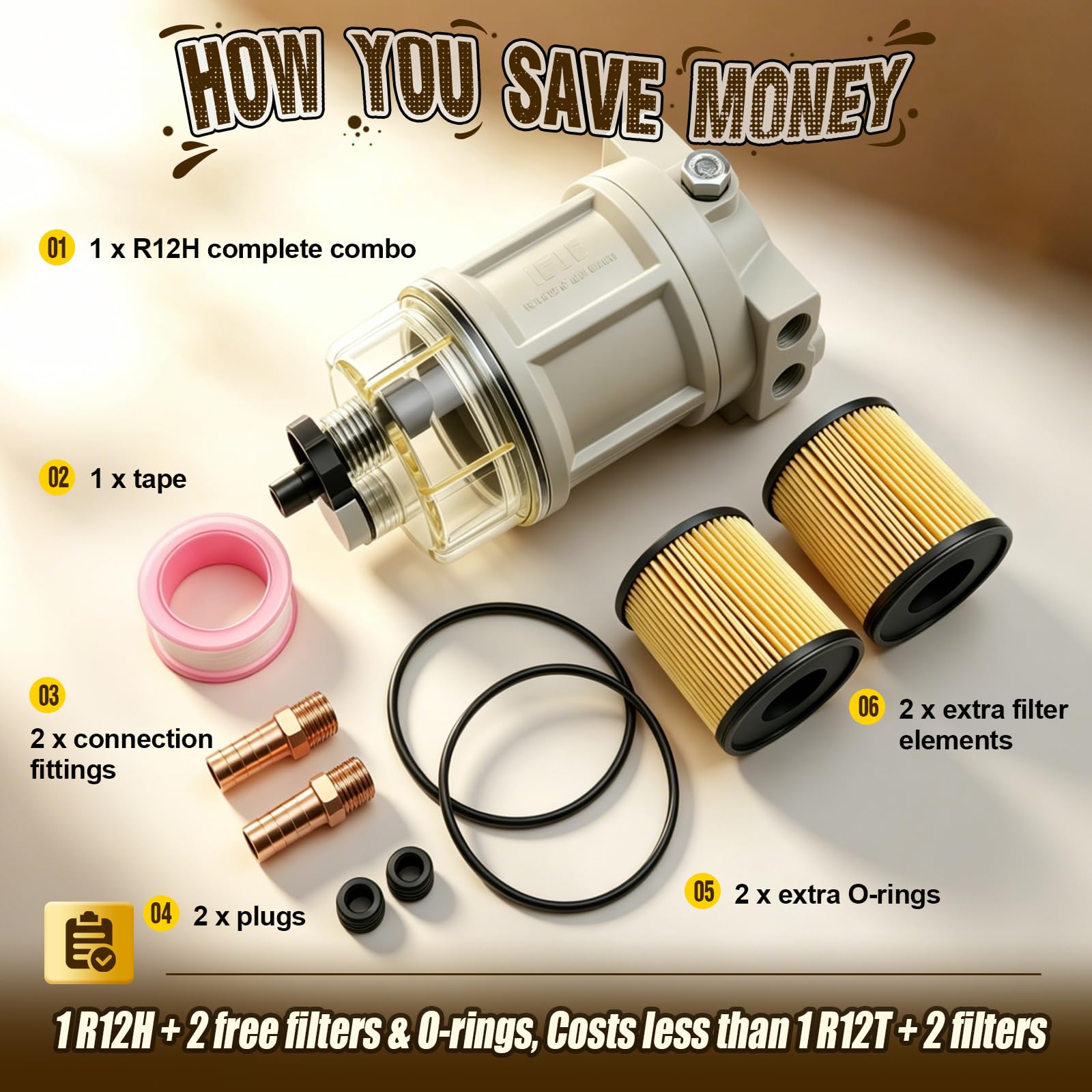 iFJF R12H (R12T Upgrade) Separador de agua combustible marino Combo completo – Sustituye a S3240 120AT NPT ZG1/4-19 filtro giratorio de repuesto automotriz incluye 2 accesorios y 2 enchufes