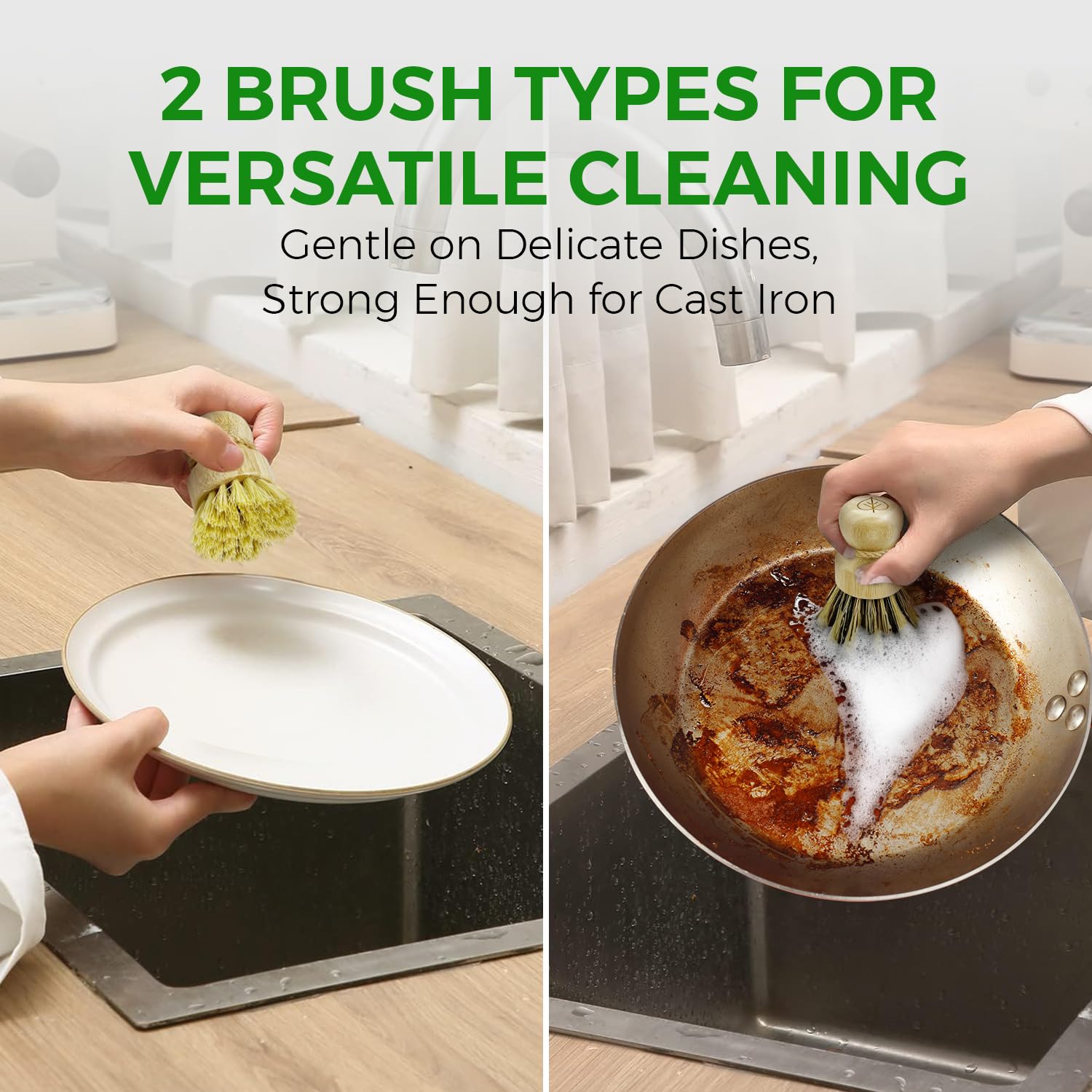 AIRNEX Set di 3 spazzole per piatti in bambù, 100% senza plastica, con sisal medio rigido e forte miscela di setole di cocco, antigraffio, inodore per legno, per pentole, padelle e verdure