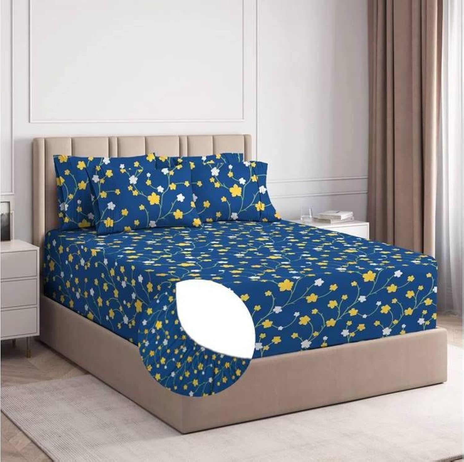 BSB HOME Premium Cotton Elastic Fitted Bedsheets with 2 King Size Pillow Covers | Double Bed with All Around Elastic 180 TC Supersoft | Sizex78+10 inches | Blue & Yellow Leaf (B0BBZ28315) Amazon Price History, Amazon Price Tracker
