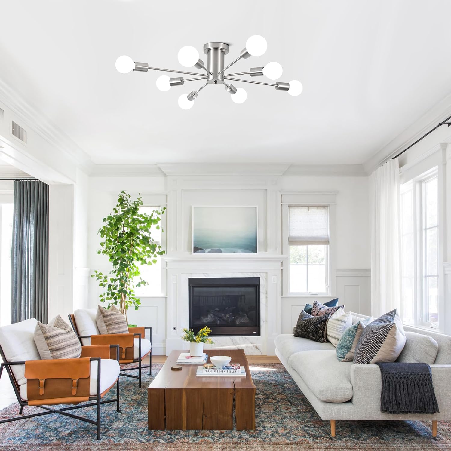 Nickel 8-Light Geometric Sputnik Semi Flush Mount Chandelier