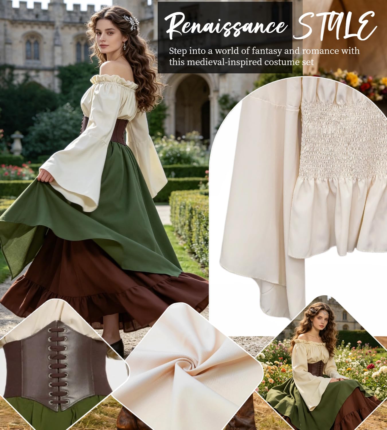 kasahara Mittelalter Kleidung Damen Set, Retro Off Shoulder Bluse Kleid Renaissance Kostüm Victorian Bekleidung Maxi Dressm mit Corsett Karneval Faschingskostüm