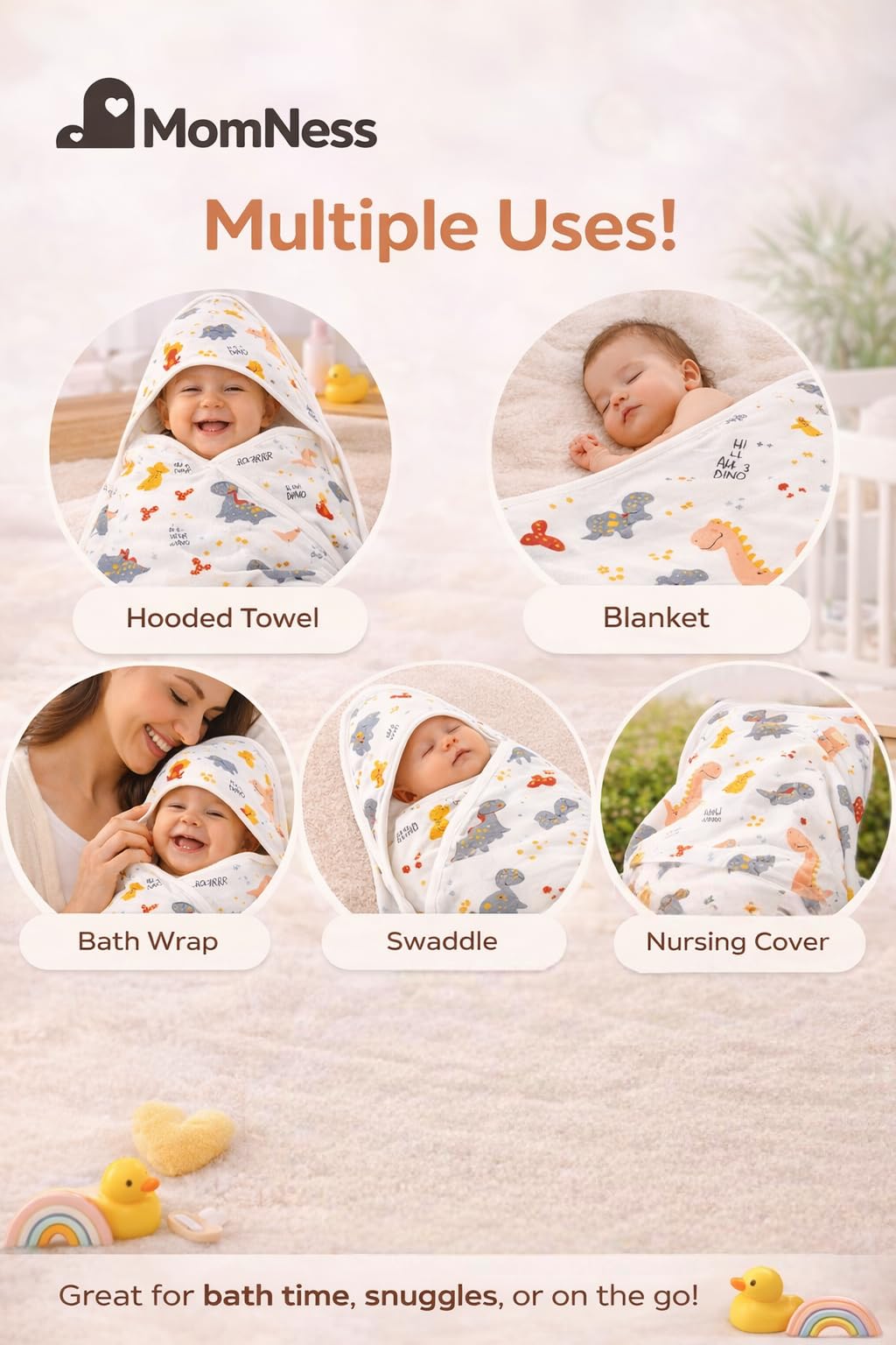 MomNess Baby Hooded Wrapper for Newborn, 100% Muslin Cotton Hooded Towel & Blanket, 75×75 cm, 4 Ply, Ultra Soft & Absorbent Bath Towel for Infants & Toddler, Natural Dyes, Pack of 1 (Dino) 3