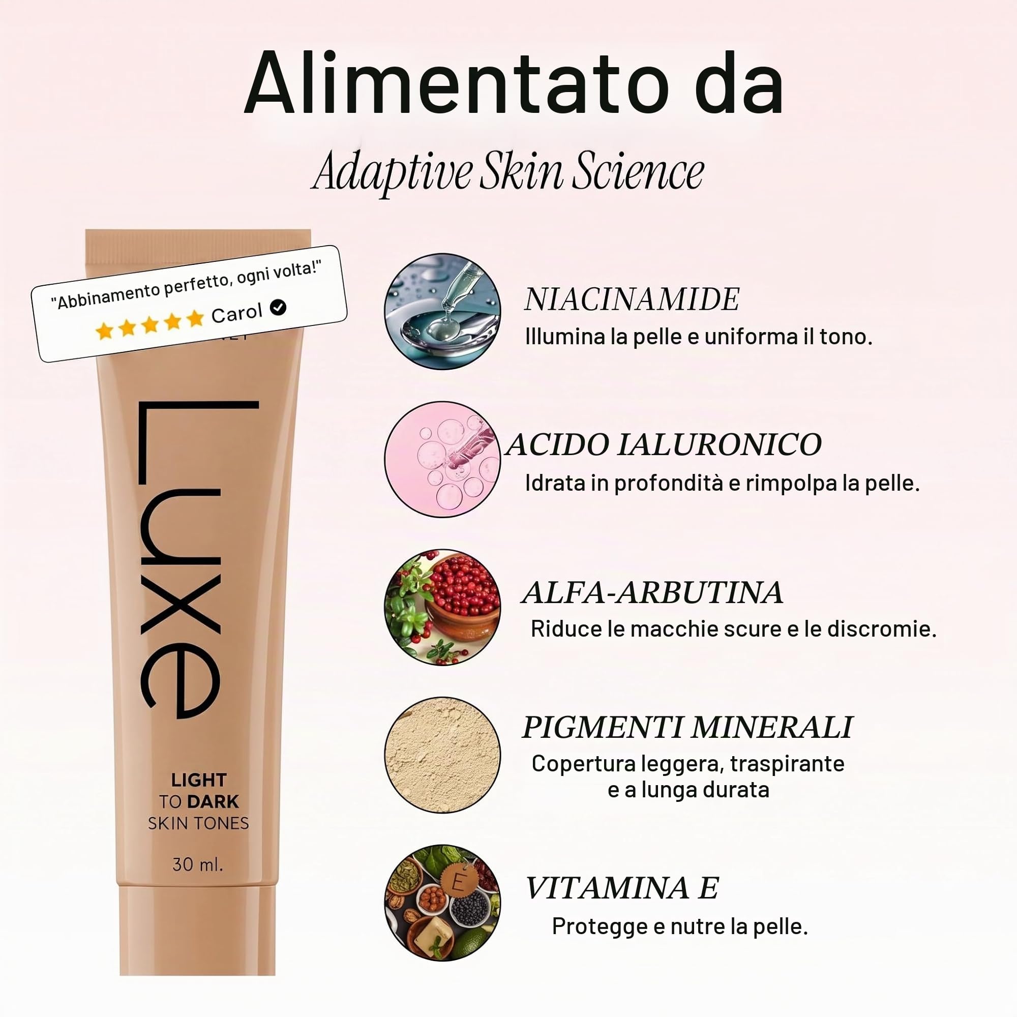 Luxe Research, fondotinta da donna che cambia colore, si adatta istantaneamente al tono della pelle, copertura da leggera a media, durata 12 ore, finitura rugiada naturale (media)