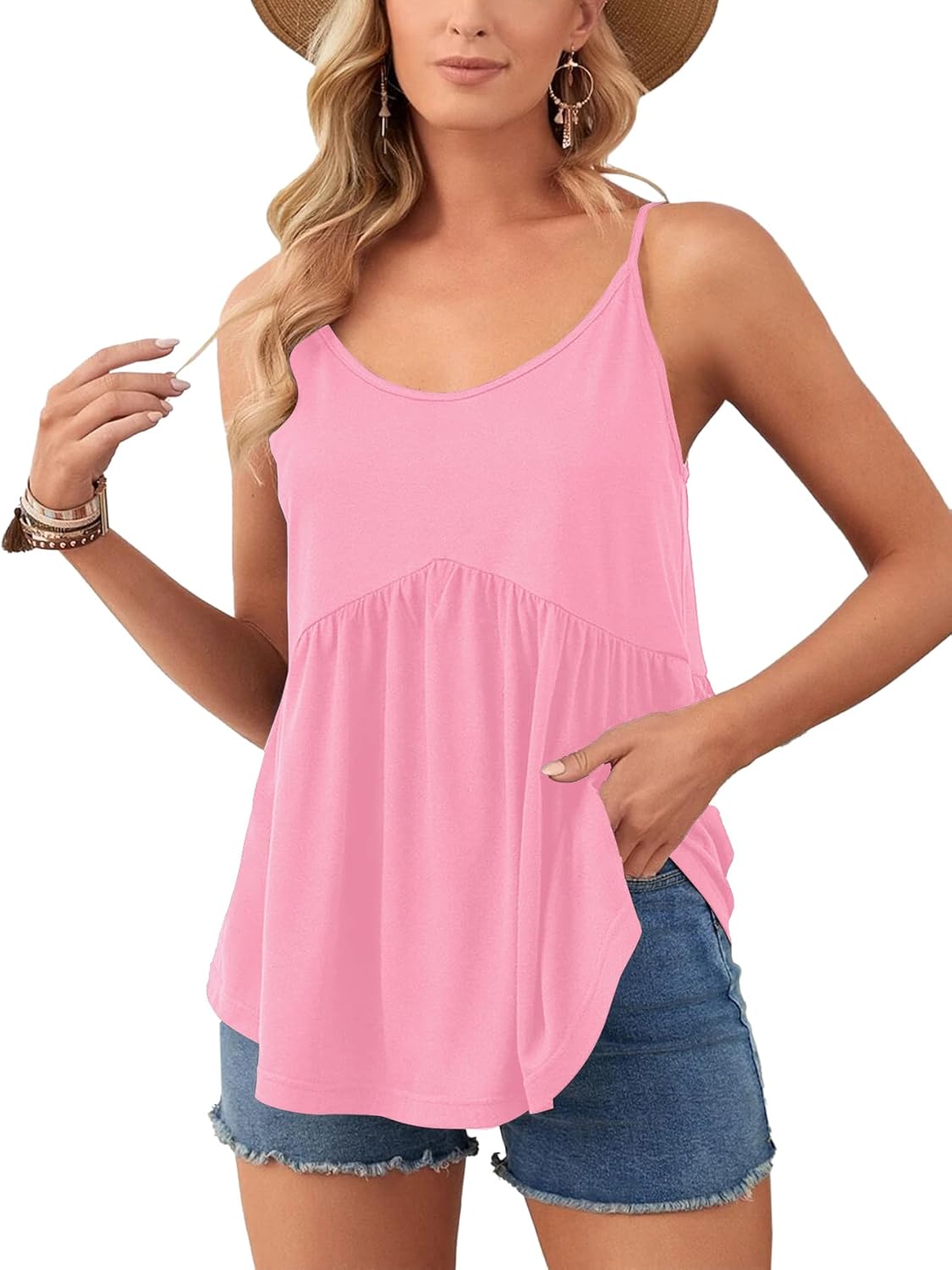 Vrtige Women's Crewneck Spaghetti Strap Pleated Ruffle Hem Sleeveless Cami Tank Peplum Top