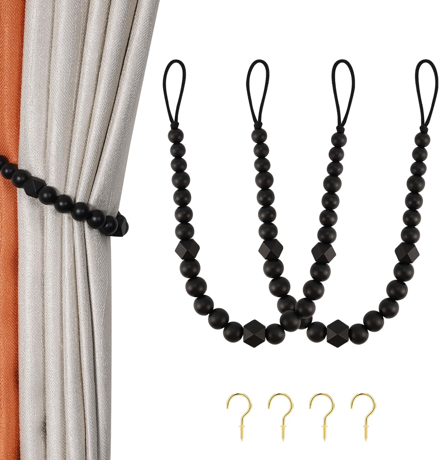 Wood Bead Curtain Tiebacks, KLOGTSIND Set of 2 Curtain Holdbacks for Thin or Thick Window Draperies, Boho Farmhouse Curtain Tiebacks with Hooks, Curtain Tie Backs for Home Office Room Decor