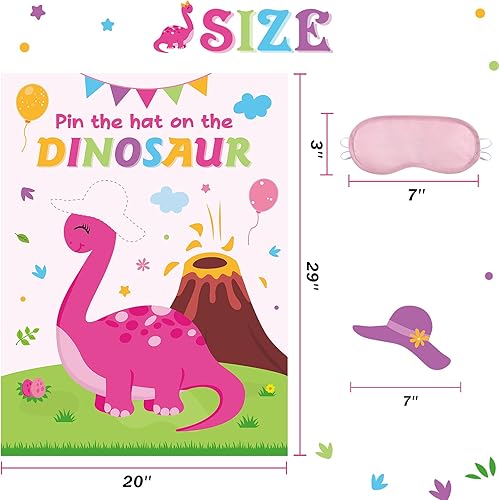 Miniatura 2 de WERNNSAI Pin The Hat on The Dinosaur Game - Póster de dinosaurios para niñas, 20 x 29 pulgadas, con 24 sombreros, baby shower, suministros de fiesta