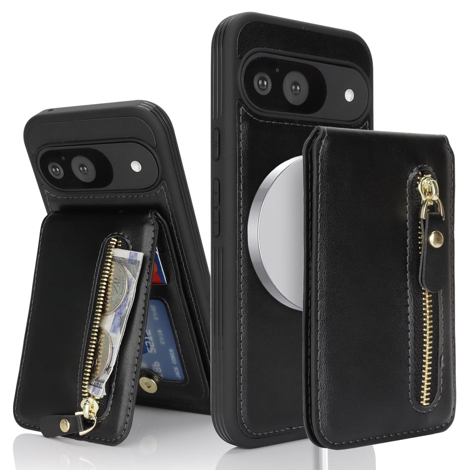– Google Pixel 9/9 Pro Case with Credit Card Holder, Kickstand and Wallet - 2-in-1 Detachable Zipper Design in Black