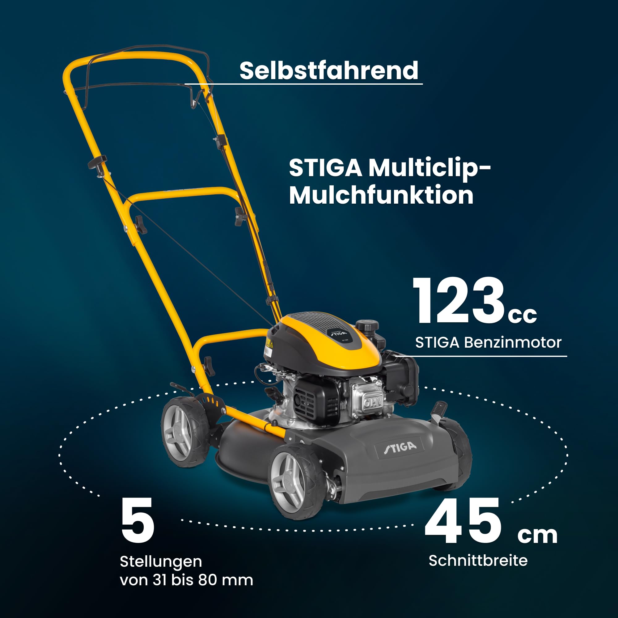 STIGA Multiclip 47 S Benzin-Rasenmäher, selbstfahrender Mulchrasenmäher mit 123 CCM Motor, 45 cm Schneidwerk, 5 Schnitthöhen, ergonomisch klappbarer Handgriff
