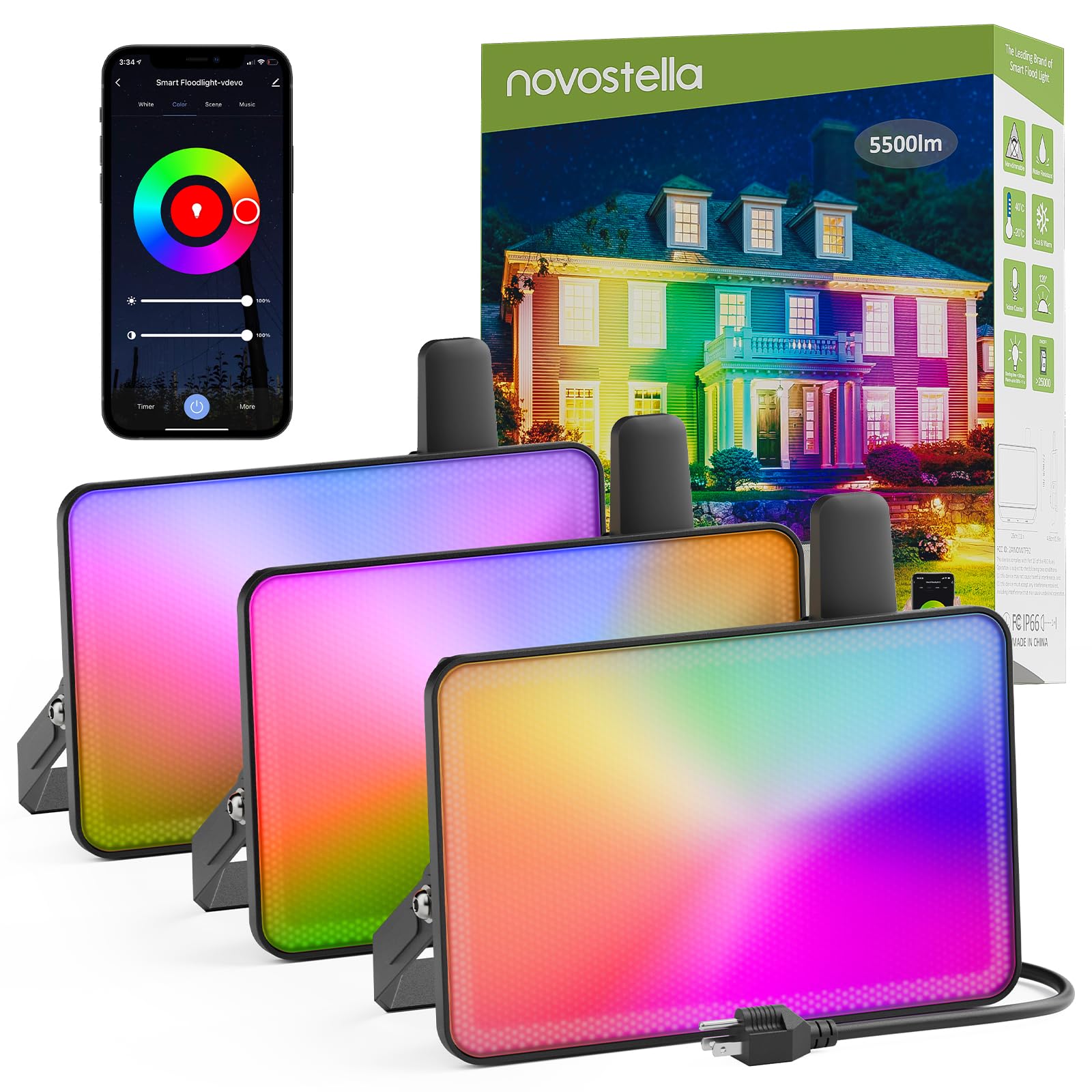 NOVOSTELLA Smart RGB Flood Lights Outdoor 60W Tunable White, Color Changing Landscape Halloween Floodlights, IP66 Waterproof, Group Control Uplights, 2700K-6500K Strobe Lights for House Event 3PCS