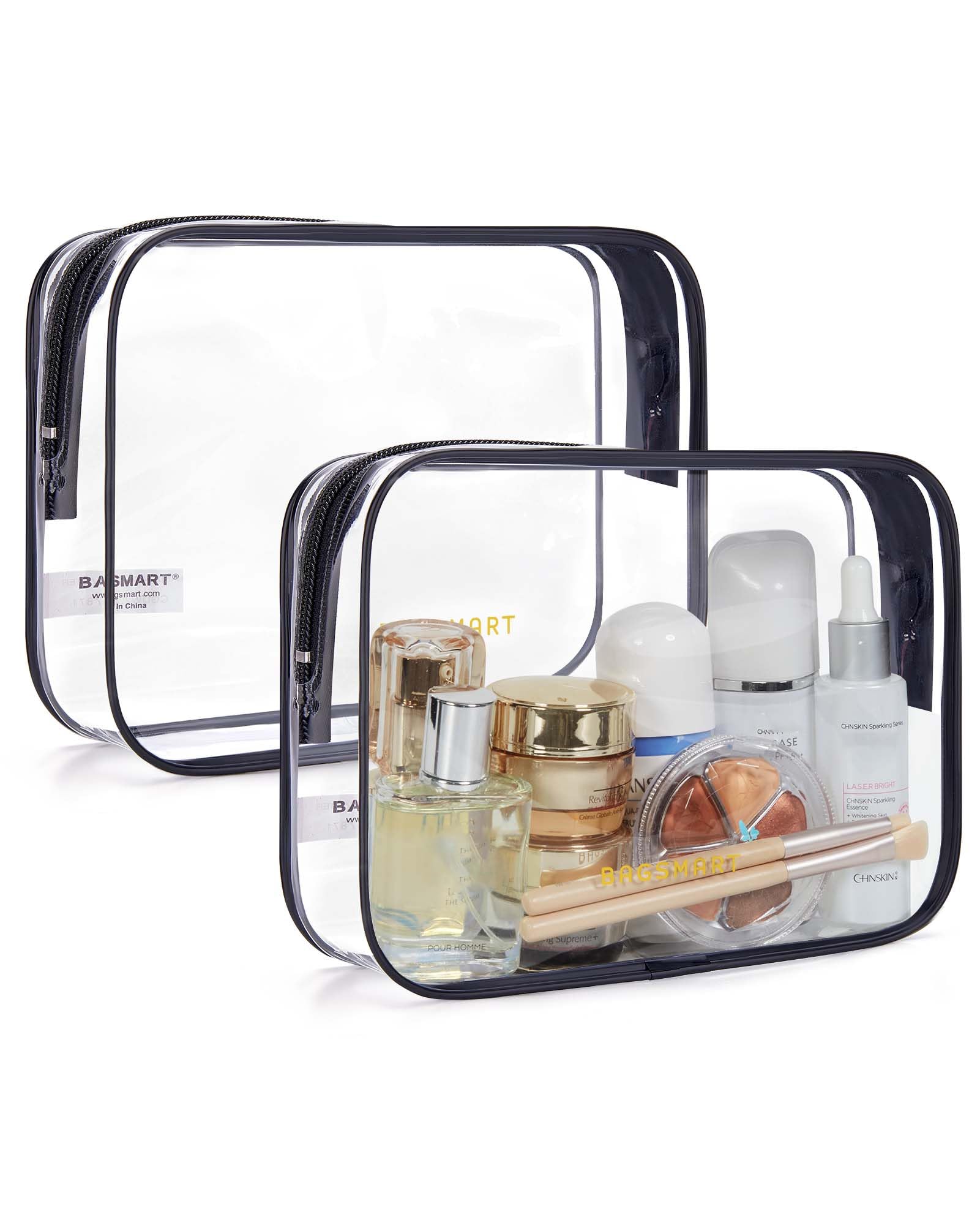BAGSMART Clear Toiletry Bag, 2 Packs Waterproof Travel Makeup Cosmetic Organiser TSA Approved Airport Security Liquids Bags,Travel Essential for Toiletries, Black
