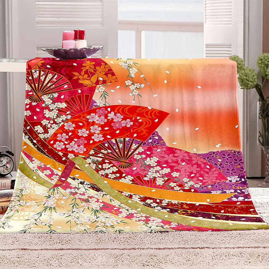 Couverture sofa 3D douce en microfibre rouge motif éventail toutes saisons