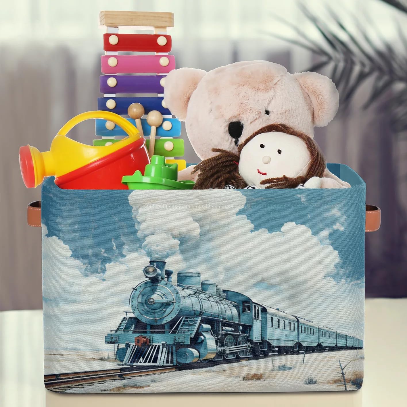 Locomotive Train Rectangle Storage Basket Foldable Storage Bin Cubes with Handles Large Organizer Bins Boxes Toy Closet Shelf Nursery Laundry Basket, 2 Pcs