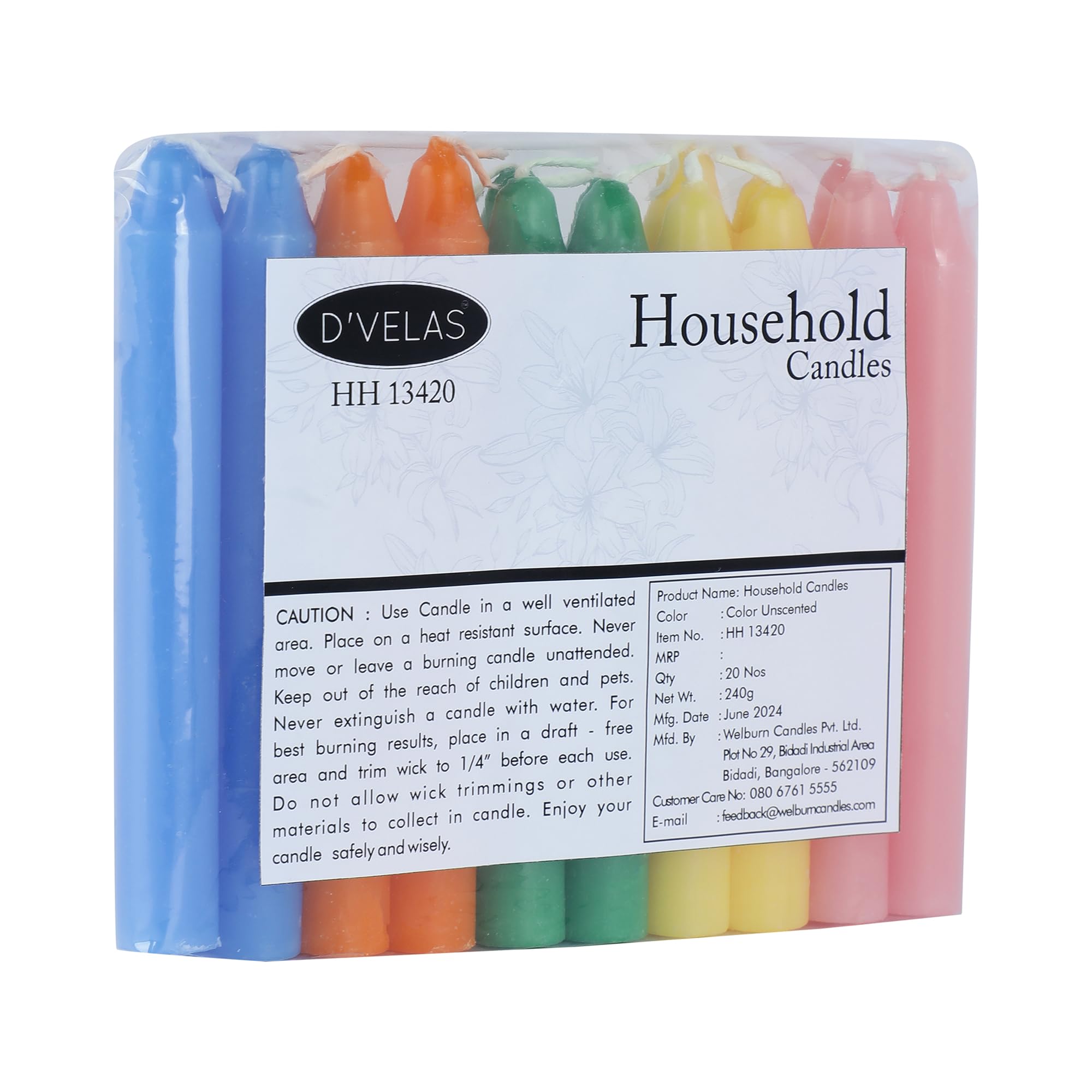 Coloured Unscented Household Candles Pack of 20 | Upto 3 Hours Each - | Idle for Lighting, Prayer, Decoration, Home Decor (Coloured)