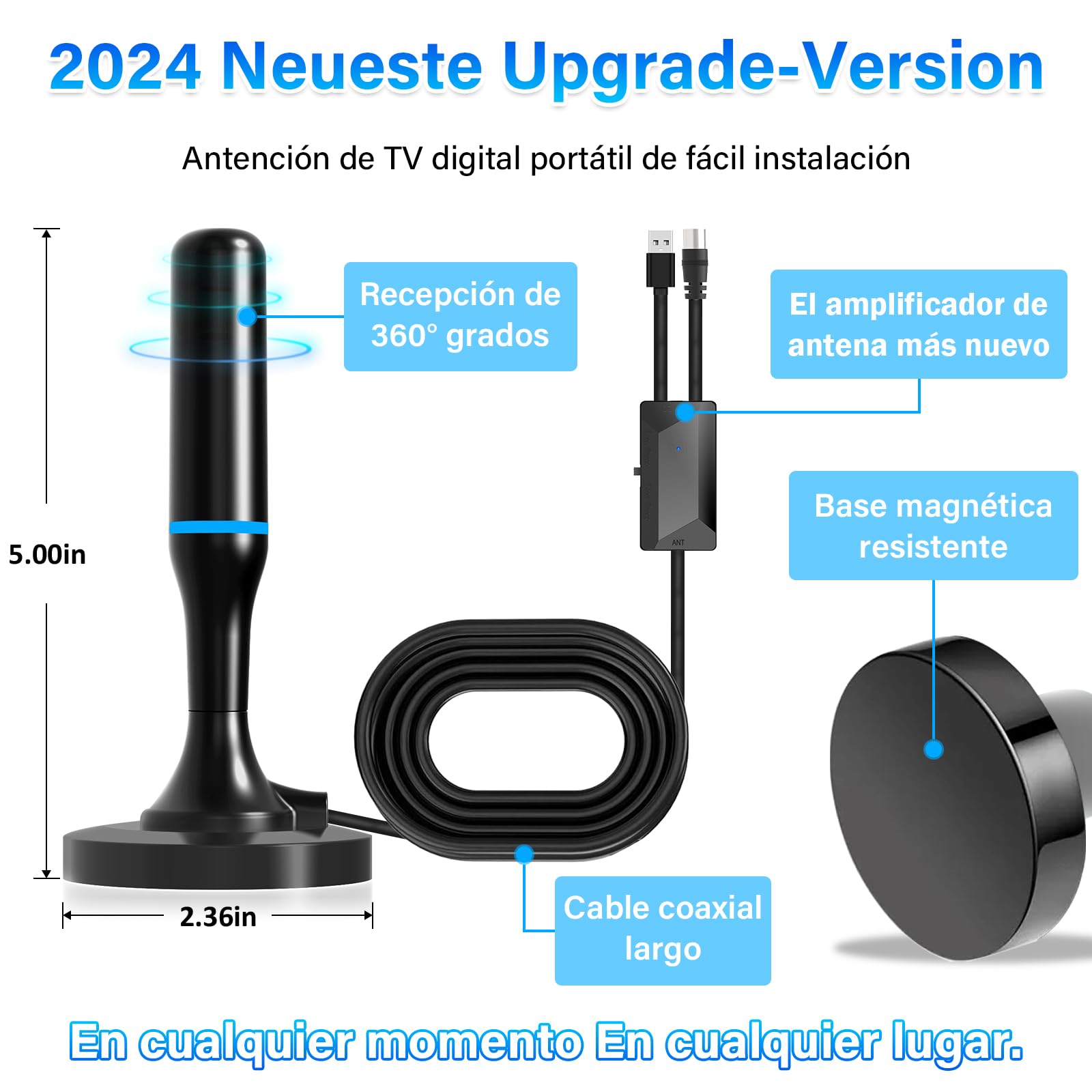 Antena TV Interior con Amplificador de Señal | 4K/1080P, Base Magnética, Antena Portátil, Captación de Canales Locales, Cable Coaxial 3M Compatible
