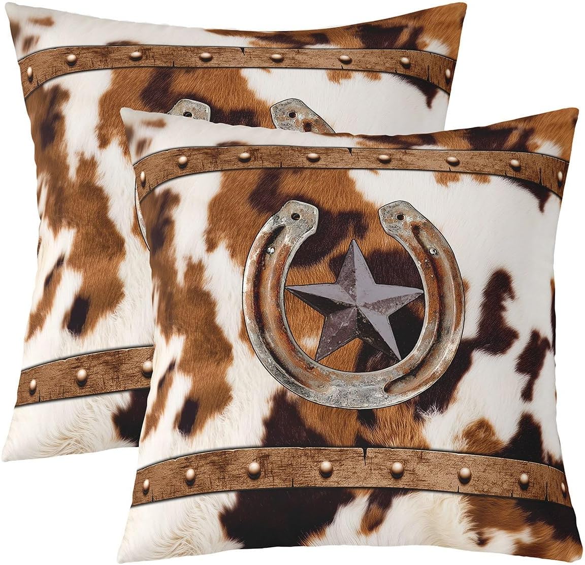 Western Texas Star Pillow Covers 24x24 inch Set of 2, Rustic Farm Stars Horseshoe Throw Pillow Covers, Retro Grey Wooden Barn Door Cushion Covers, Farmhouse Cowboys Cabin Decorative Pillow Covers