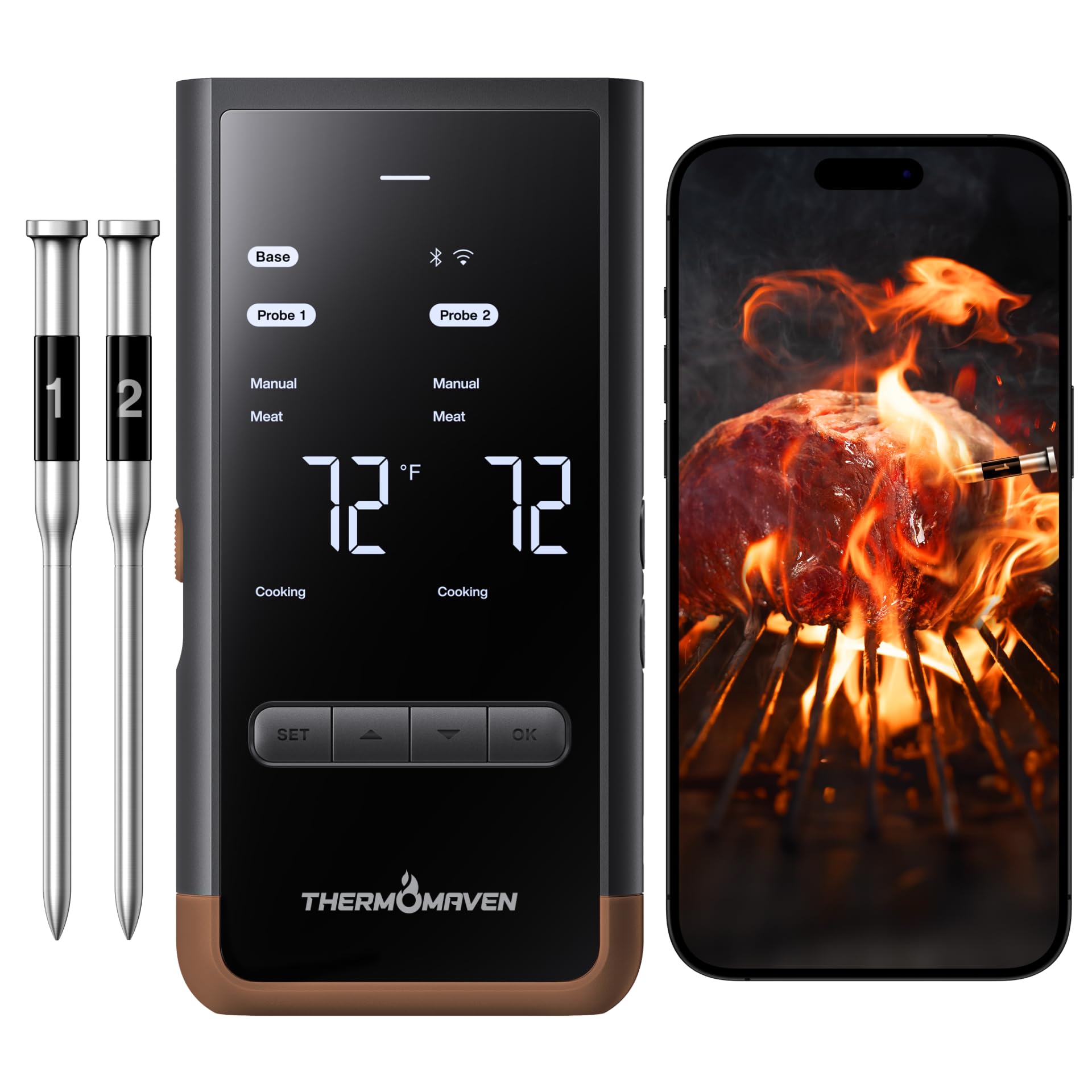 ThermoMaven Smartes Fleischthermometer Kabellose mit Basisstation, Bluetooth & WLAN, 2 Fühler, 6 Sensoren, NIST-zertifiziert, große, stabile WLAN-Reichweite, für Smoker, Backofen & BBQ, Braun