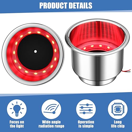 Miniatura 10 de Portavasos LED de acero inoxidable, 6 unidades, con drenaje, para barco, yate, coche, cámper, camión, caravana, luces azules