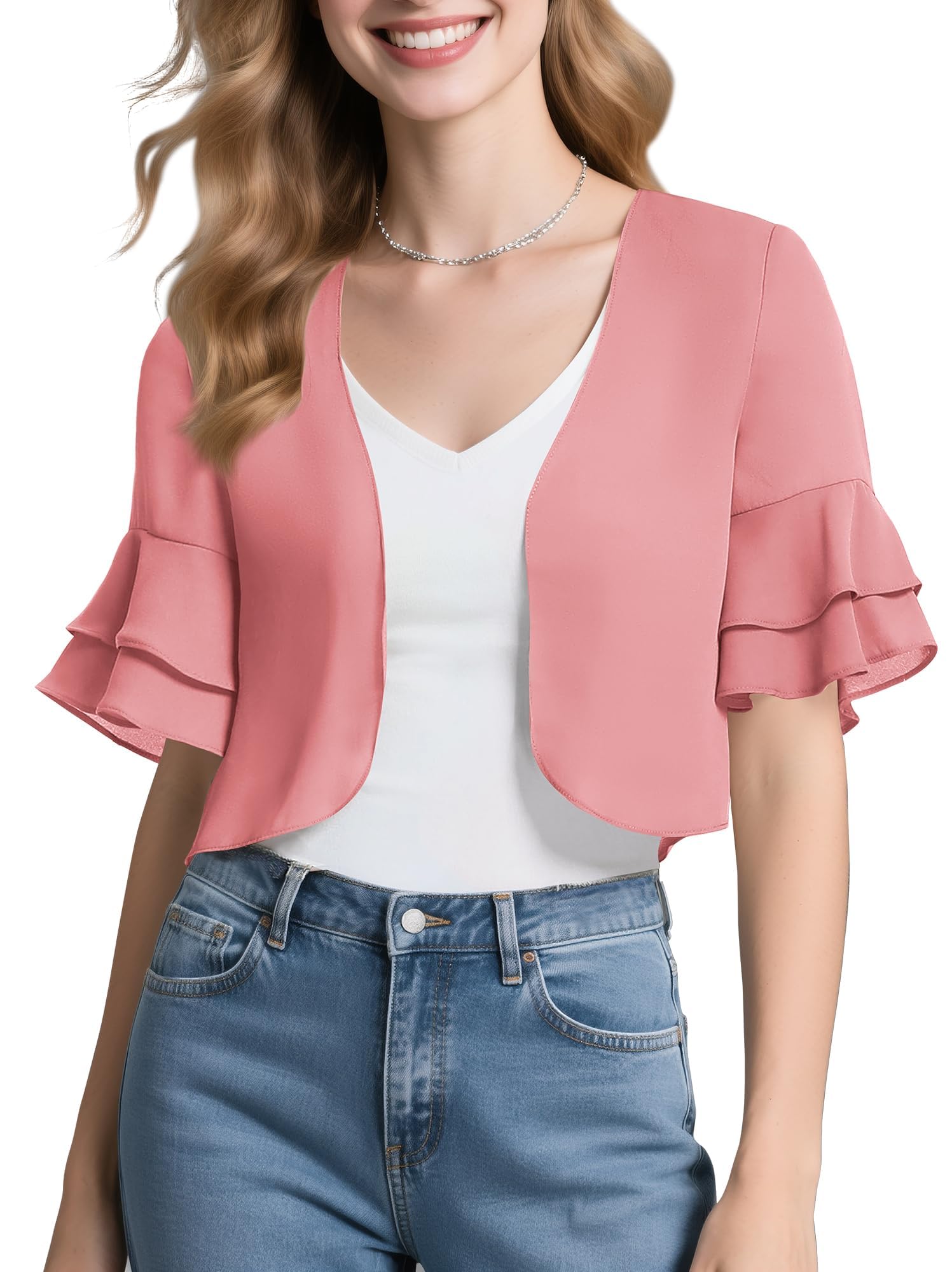Urban CoCo Womens Sheer Chiffon Bolero Shrug Ruffle Short Sleeve Open Front Cropped Cardigan for Dresses