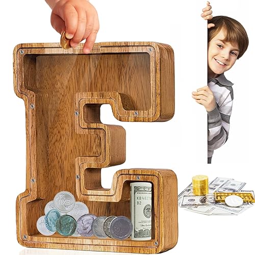 Alcancía de madera grande personalizada para niños, alcancía de letras para niños y niñas, regalo de cumpleaños (E)