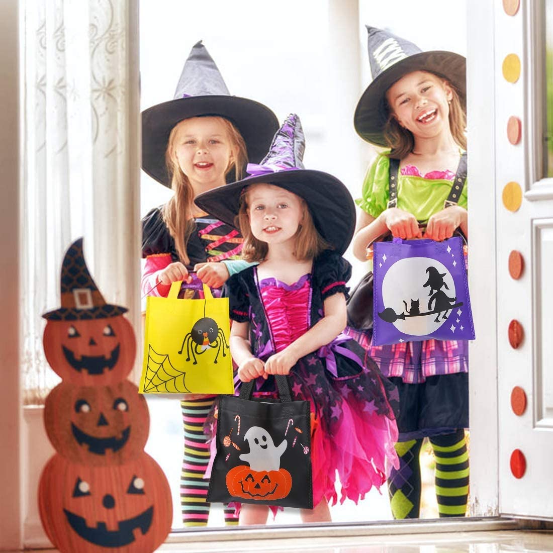JOFONY 24 Stück Halloween Non-Woven Leckerli Taschen,Tragetaschen Party Geschenktüten mit Griffen für Halloween Süßes oder Saures Gastgeschenke für Kinder