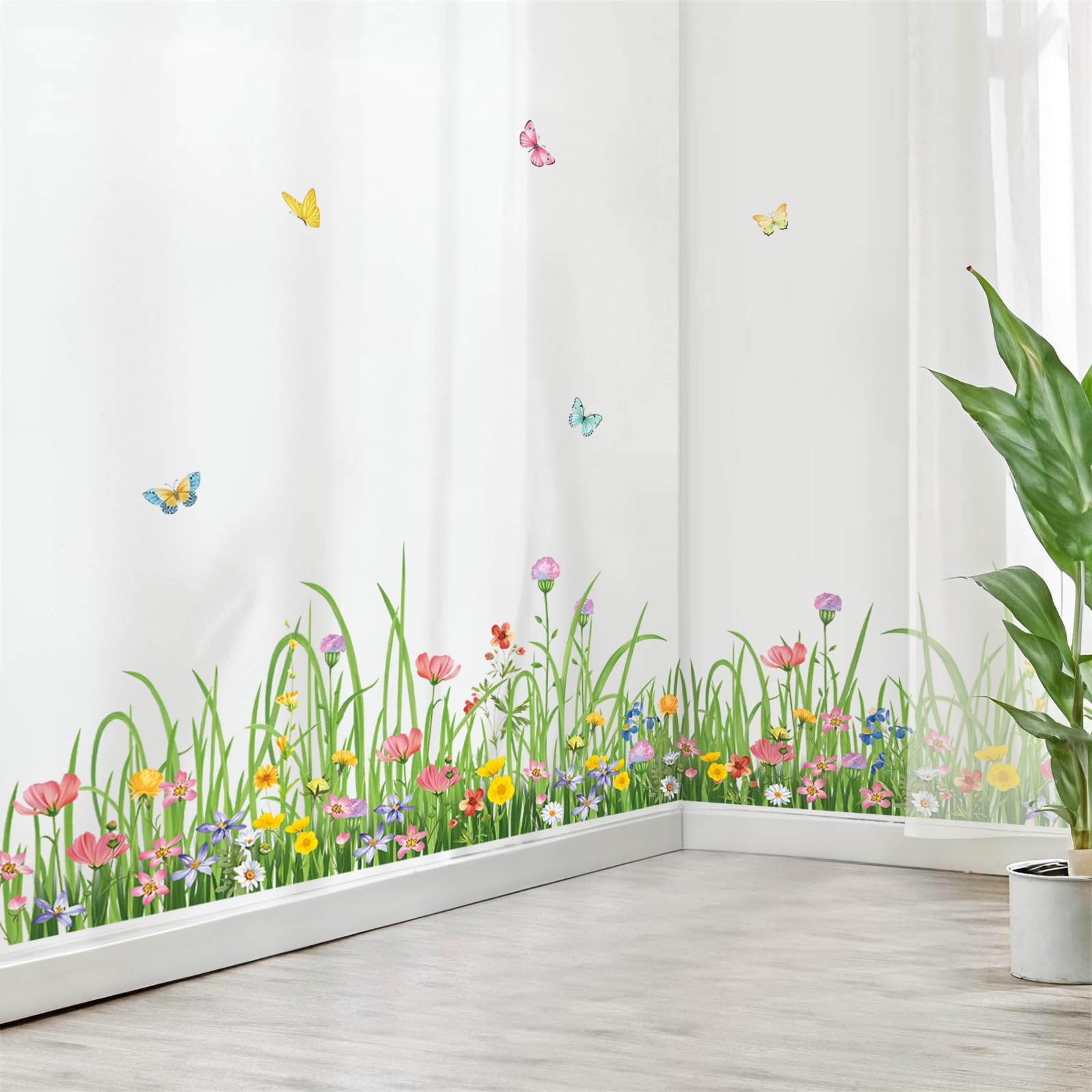 wondever Green Grass Floral Wall Corner Stickers Wildflower Butterflies Baseboard Skirting Line Wall Decals for Living Room Bedroom Dining Room - Image 2