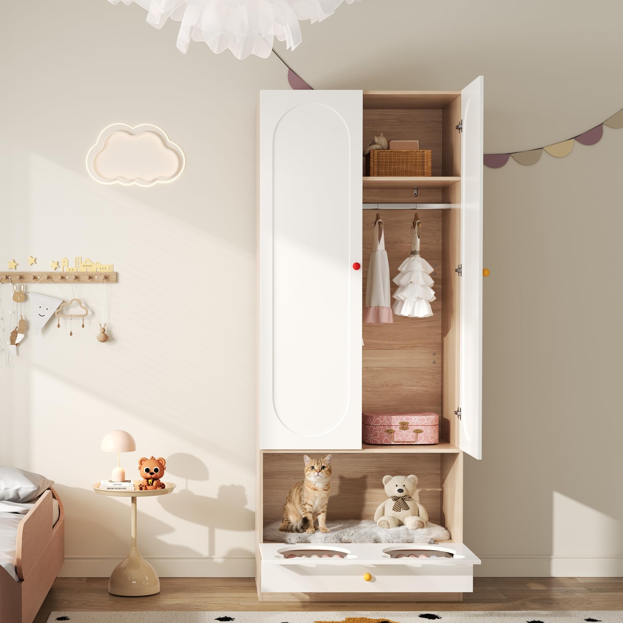 Kleiner Kleiderschrank mit Katzenbett & Kleiderstange – Kindergarderobe mit bunten Keramikgriffen, 80x50x200 cm – perfekt für Schlafzimmer, kindersichere Griffe & stabile Konstruktion