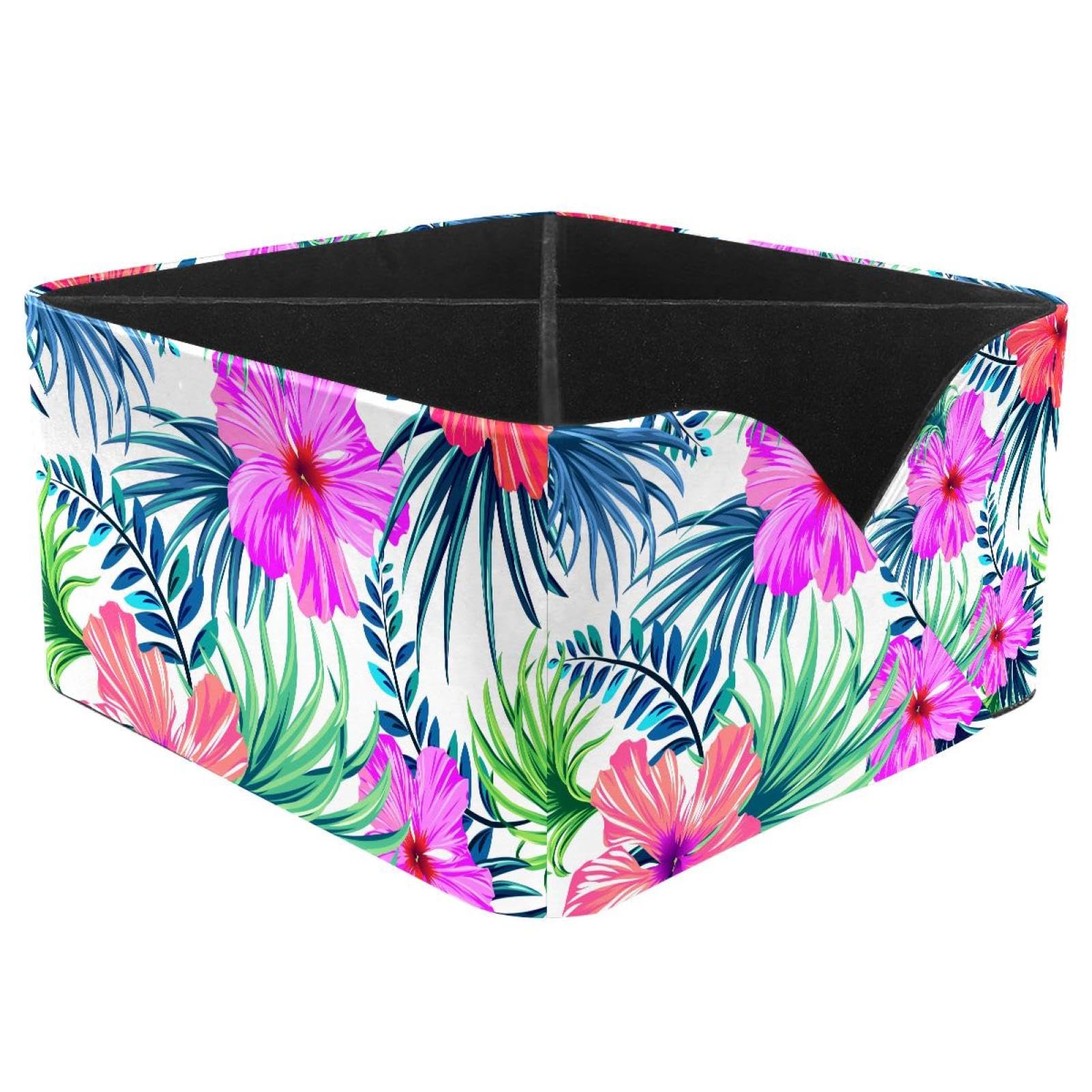 KengjuTesu Tropical Flowers Hibiscus Palm Leaves Desktop Organizer Pen Holder, Rectangular Pencil Cup for Office, Study and Makeup Stations