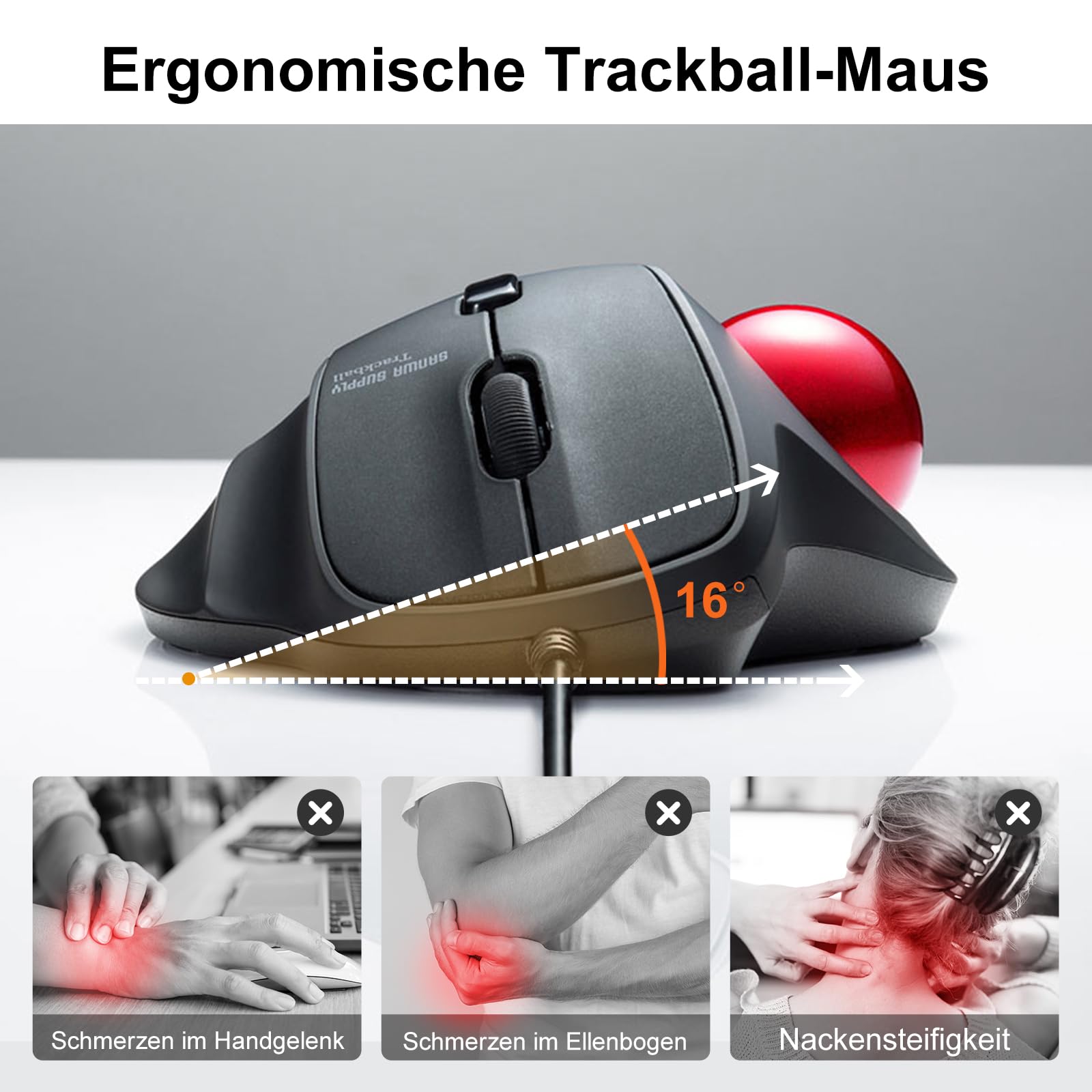 SANWA Trackball Maus mit Kabel, Leise Klik Mäuse, 600/800/1200/1600 DPI, USB-A & Type-C Anschluss, Vorbeugung Mausarm Tennisarm RSI, 34mm Ball Daumenkontrolle, Kompatibel mit Winows, Mac, PC, Schwarz