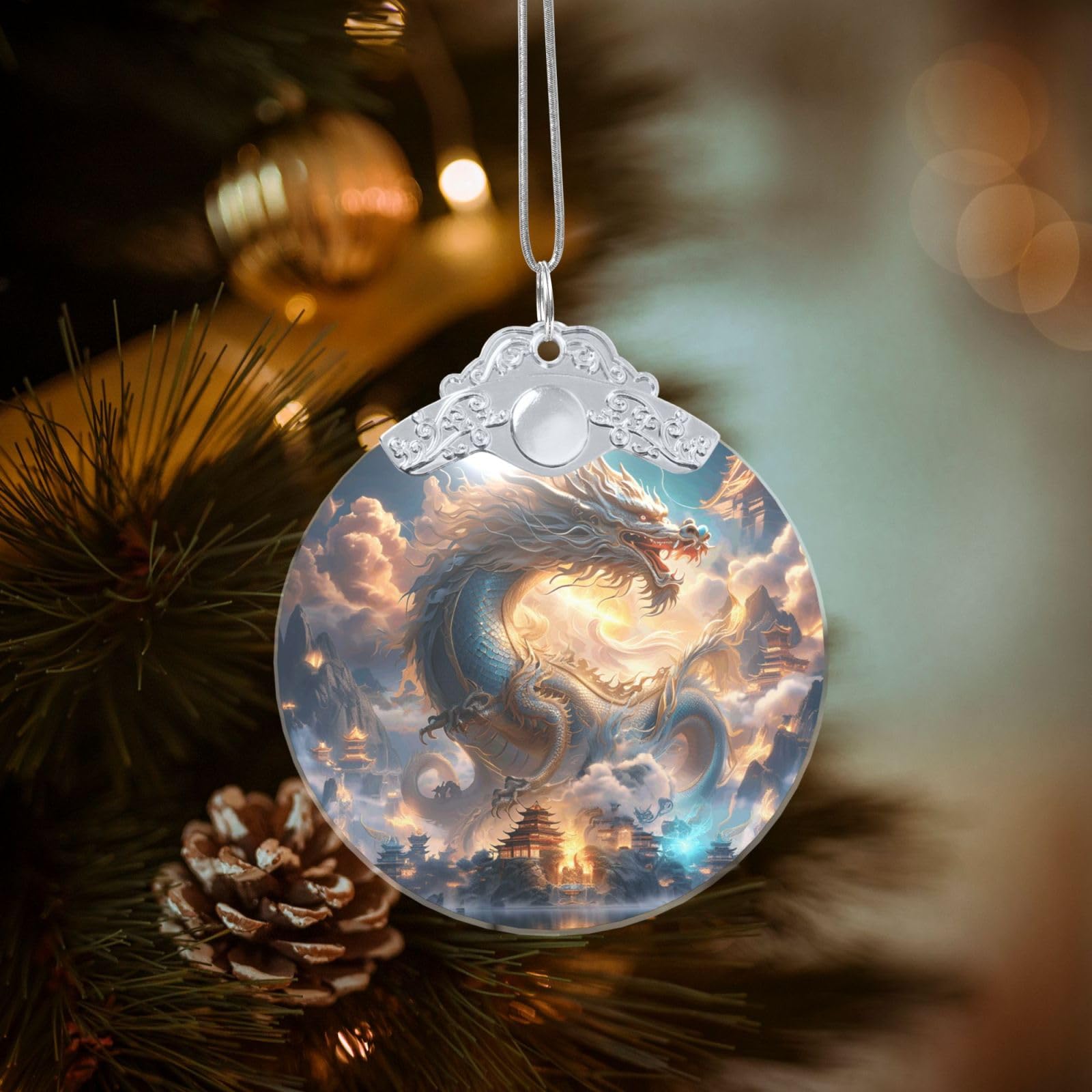 Crystal Christmas Ornaments for Christmas Tree Decoration Hanging Dragon in The Heavenly Palace Ornament with Gold Ribbon Crafts Round Pendant for Keepsake Gifts Glass Xmas Decor Party Supplies