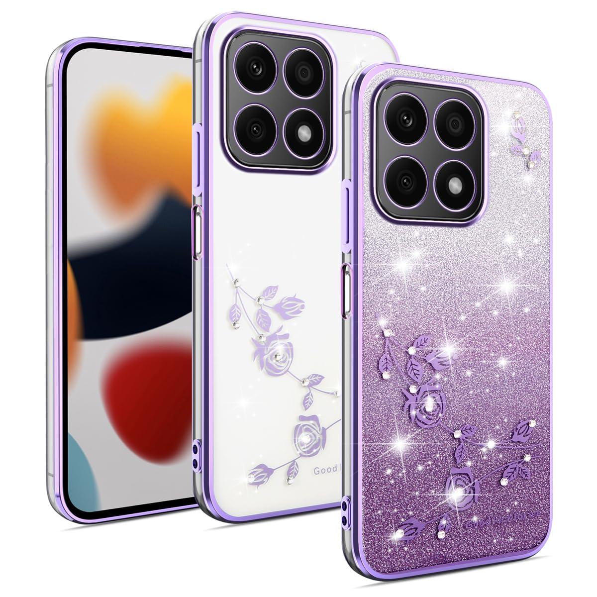 YUXING Cover Glitterata Trasparente Per Honor X8a: Custodia Scintillante Antiurto In TPU Con Motivi Floreali (viola)