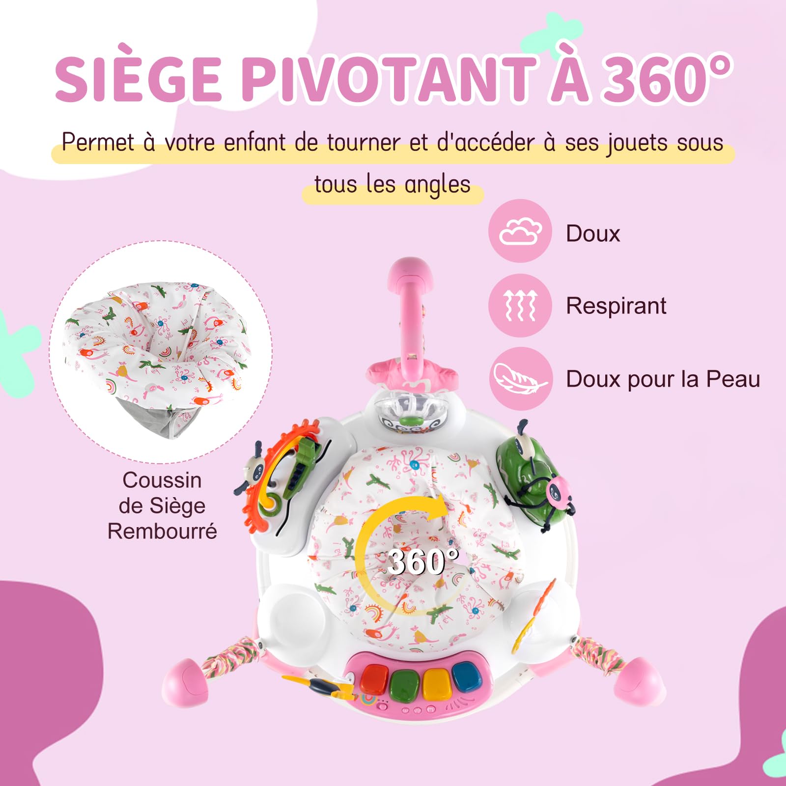 COSTWAY Aire d'éveil à Rebonds Bébé avec 6 Jouets Interactifs et Plateau Musical, Jumperoo Jungle Trotteur Bébé avec Musique et Lumière, 3 Hauteurs Réglables, Siège Rotatif 360° pour 6 Mois+ (Rose)