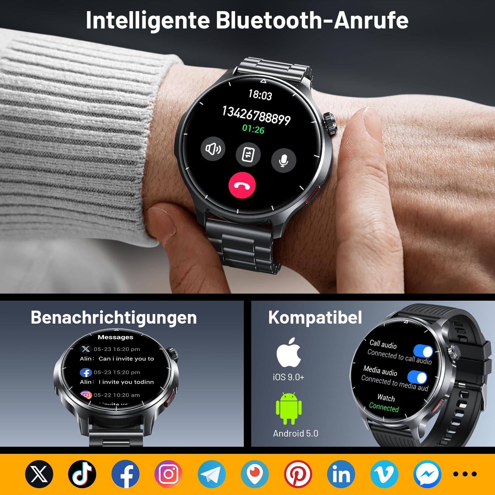 SLOKSFil Smartwatch Herren 1000 mAh Akku/1,52" HD Touchscreen, mit Bluetooth Anrufe/110+ Sportmodi/24H Herzfrequenz/IP68 Wasserdicht/Schlafmonitor, Schrittzähler Fitnessuhr Android iOS (Schwarz)