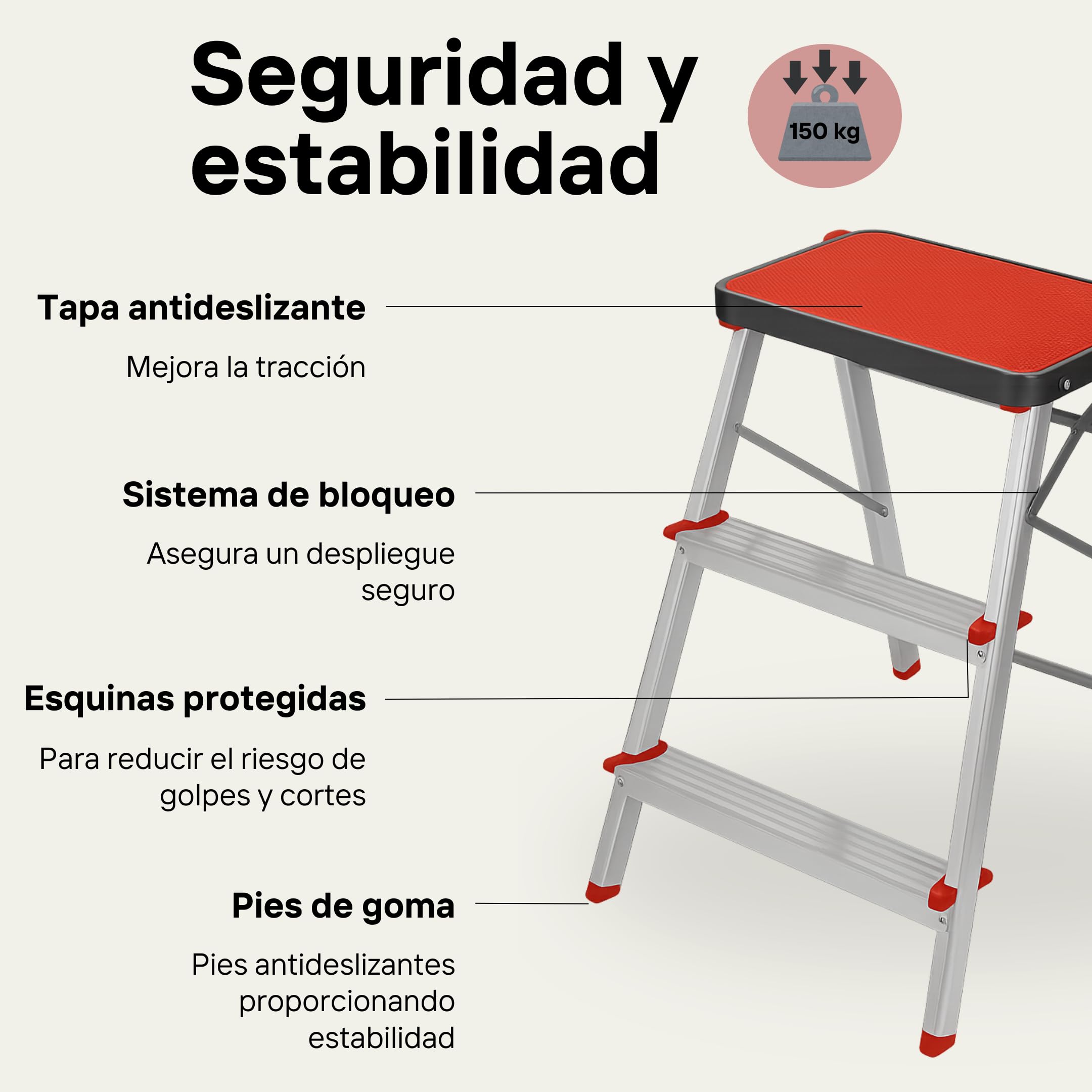 Escalera Taburete Plegable 3 Peldaños de Aluminio Ligero y Resistente - Antideslizante y Portátil de Fácil Almacenamiento para Uso Doméstico y en Almacenes - Fabricado en Europa | HR Hogar