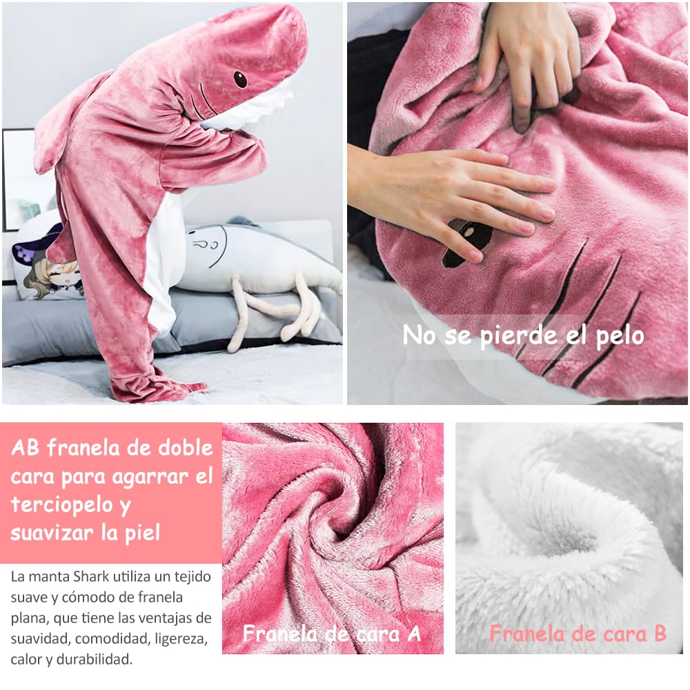 Manta de Tiburón con Capucha, Manta de Tiburón Onesie Saco de Dormir, Suave Franela Tiburón Manta con Capucha, Wearable Cola de Tiburón Onesie Manta (L(67 * 27,5in), Rosa)