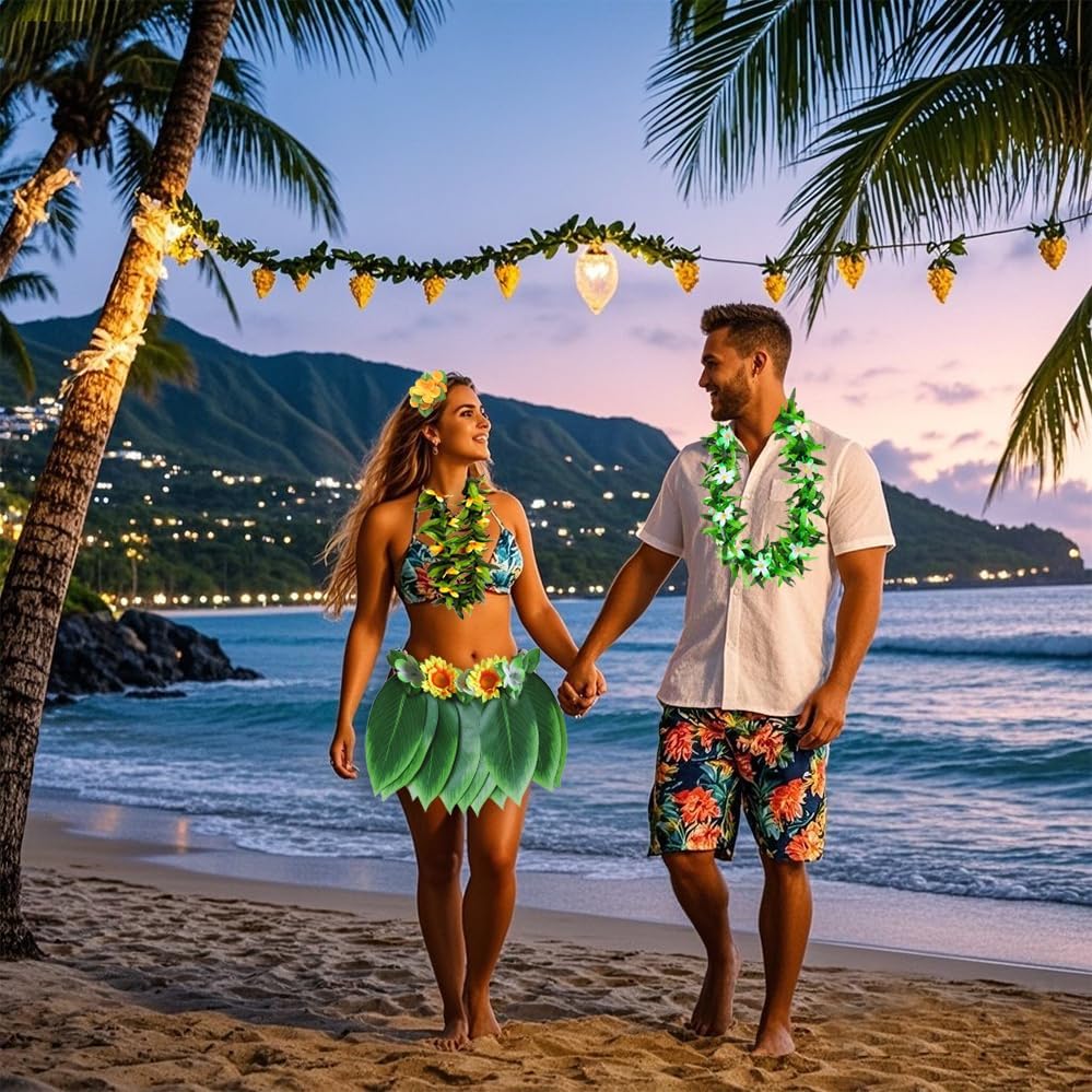 Hawaiian Hula Leaf Skirt with Leis Set Hairclip Outfits for Summer Beach Party, Extra Large Size for Adult (Yellow) - Image 2