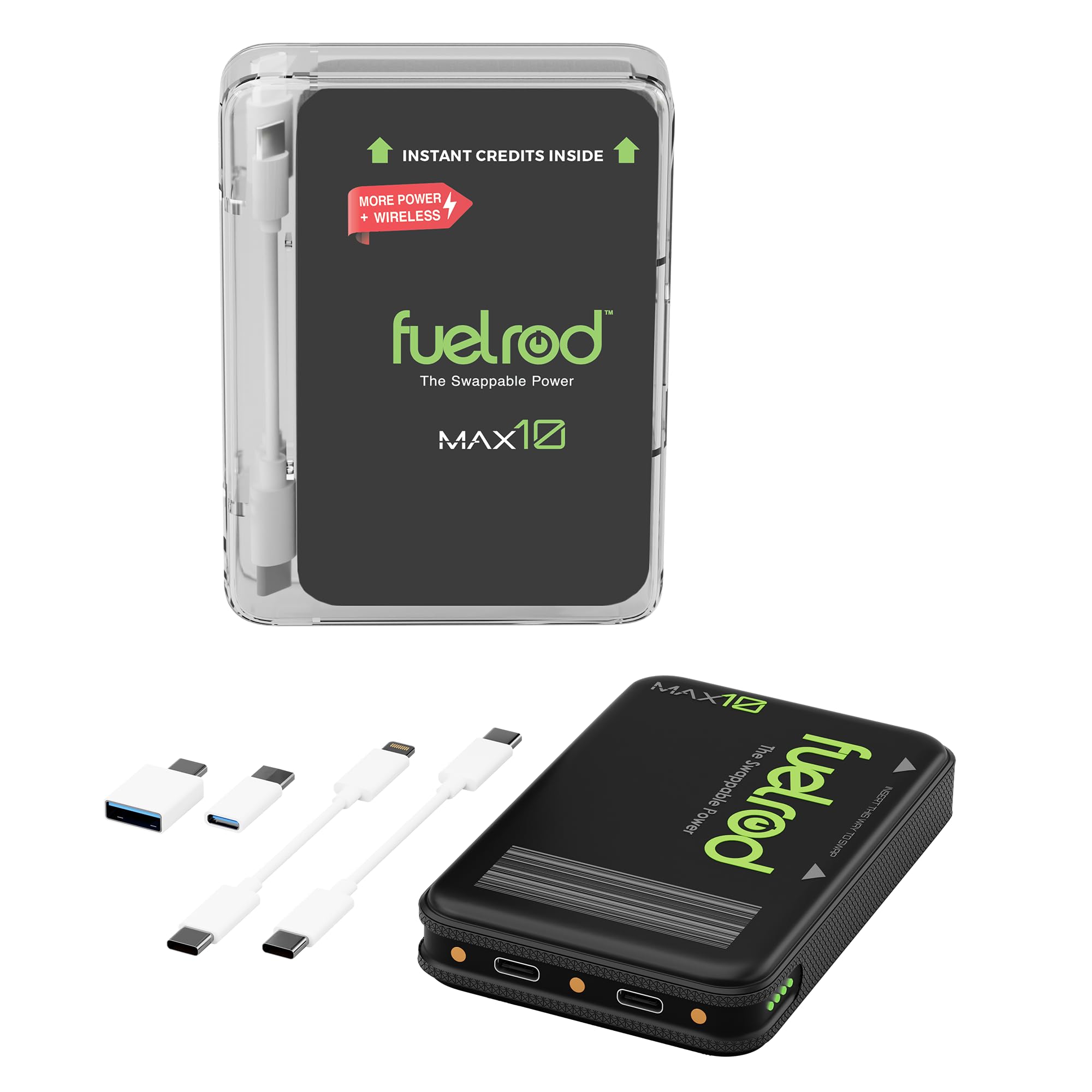 FuelRod MAX10 – High Capacity Portable Charger, Swappable Power, Wireless Charging, USB-C, 10,000mAh