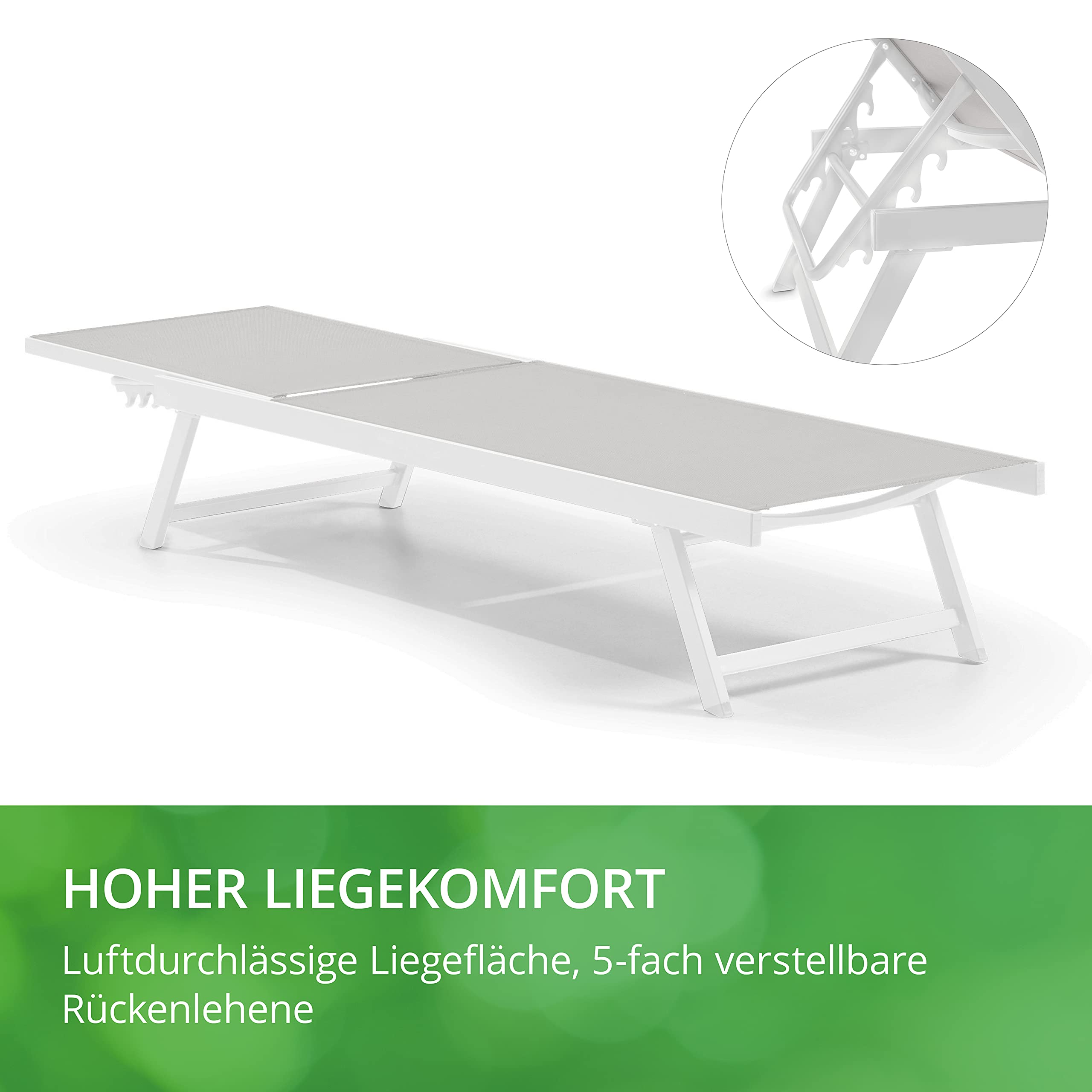 Leco-Sonnenliege Elina – Formschöne Aluminium-Gartenliege mit 5fach Verstellbarer Rückenlehne und einklappbaren Füßen – Gestell Weiß