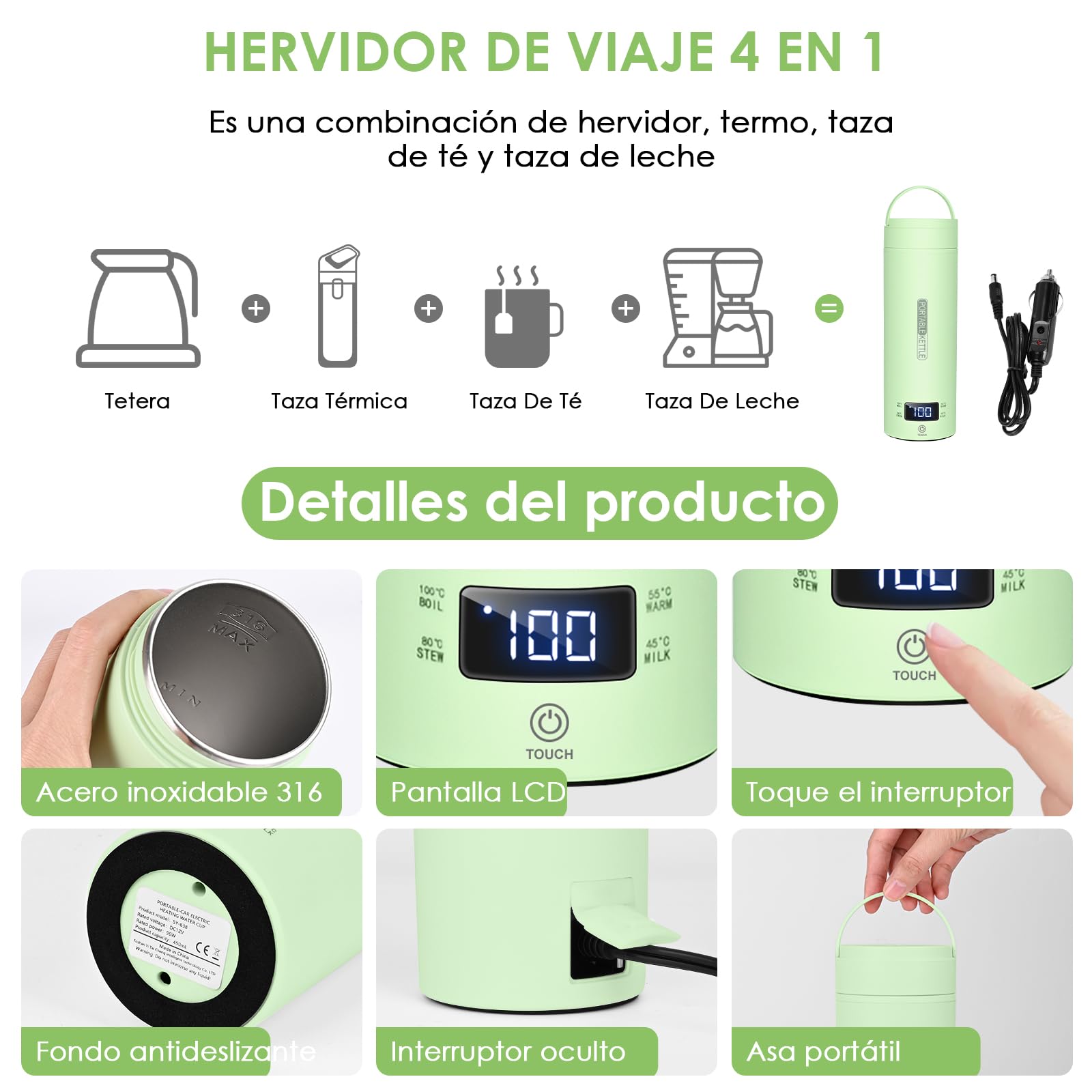 Dreamhigh® Hervidor Eléctrico Pequeño de Viaje, 500ml Calentador de Agua Portatil, 96W Pava Electrica Control Temperatura (45℃/ 55℃/ 80℃/ 100℃), Tetera Electrica para Té, Café y Leche (Auto) (Negro)
