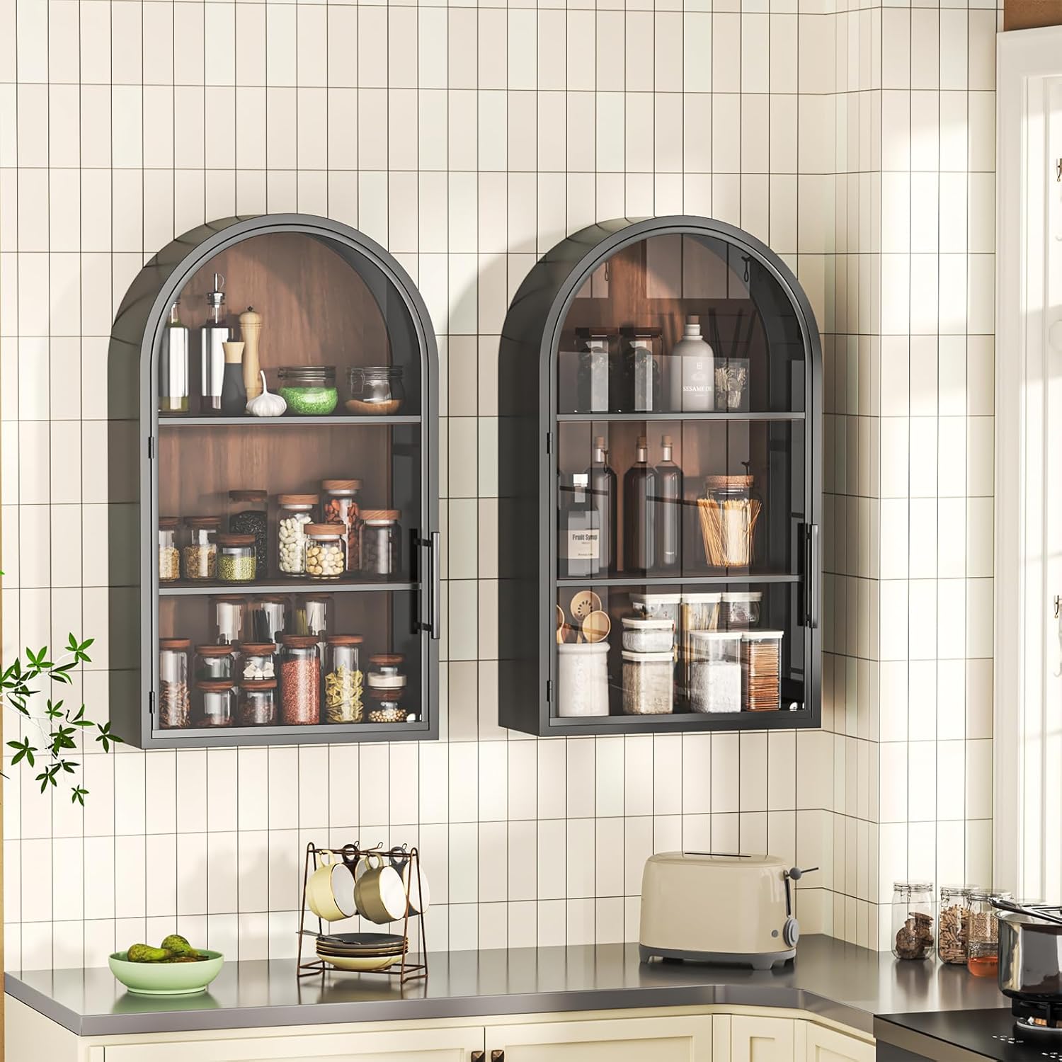 Bathroom Arched Wall Cabinet with Glass Door - NO Assembly Required - Handmade Metal Arch Medicine Cabinet Wall Mounted, Over The Toilet Hanging Storage Cabinet with Wooden Shelf, Style 1