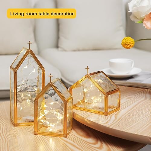 Miniatura 9 de Juego de 3 portavelas de cristal dorado con marco de metal de cobre y diseño de cruz, portavelas decorativos de Navidad para centro de mesa,