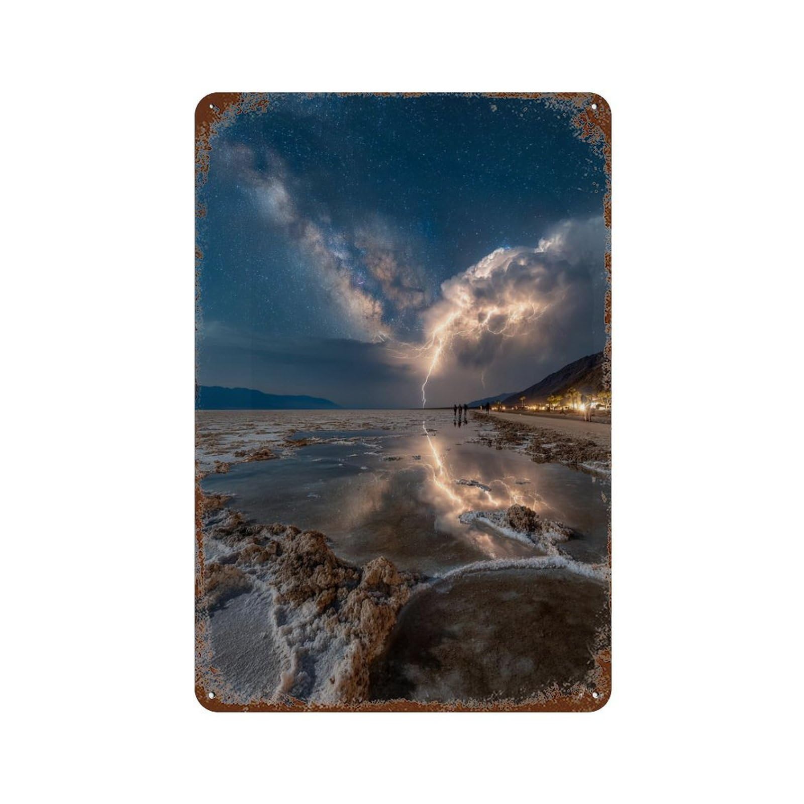 Night Sky Lightning Reflections Rust Effect Tin Sign 11.8"x7.9", Ideal for Cafe, Home Bar And Lounge Decor