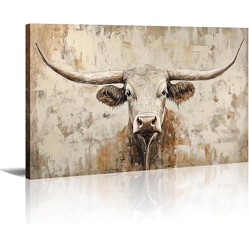 Cow Canvas Wall Art Farmhouse Animal Picture Longhorn Cow Painting Vintage Prints Brown Country Western Decor Framed for Living Room Kitchen Home Office - 12.00x18.00 inch