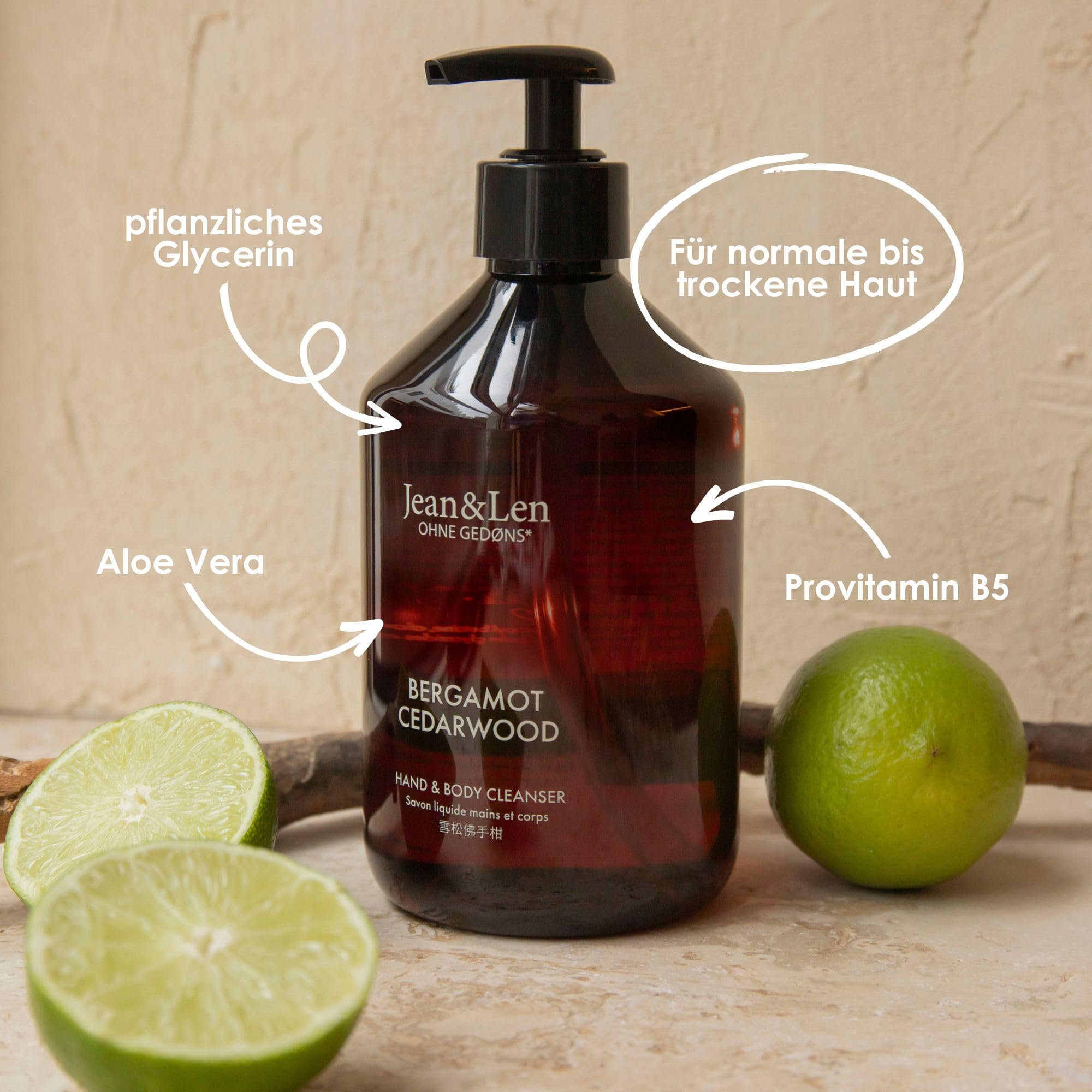 Jean & Len Hand & Body Cleanser Bergamot & Cedarwood, für ein duftendes Reinigungserlebnis, Körper- & Handseife in einer hochwertigen Flasche, erfrischend-mediterraner Duft, vegan, 500 ml