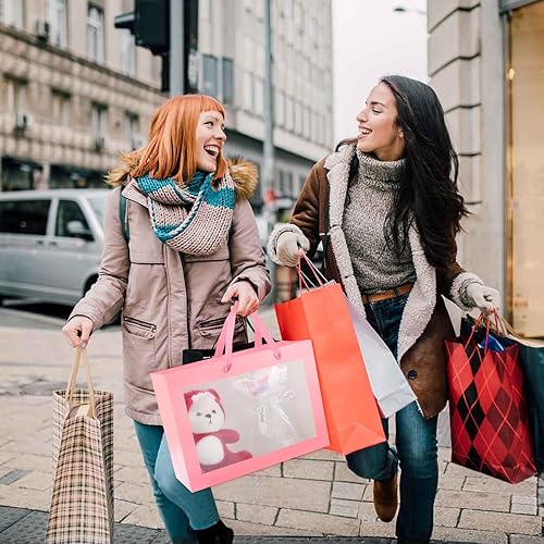 Miniatura 5 de 12 bolsas de regalo rosas con ventana transparente, 16 x 6 x 12 pulgadas, bolsas de regalo extragrandes con asas para boda, graduación, día de San