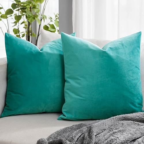 Juego de 2 fundas de almohada de terciopelo suave turquesa de 18 x 18 pulgadas para sofá, cama, sala de estar, fundas de cojín cuadradas de lujo