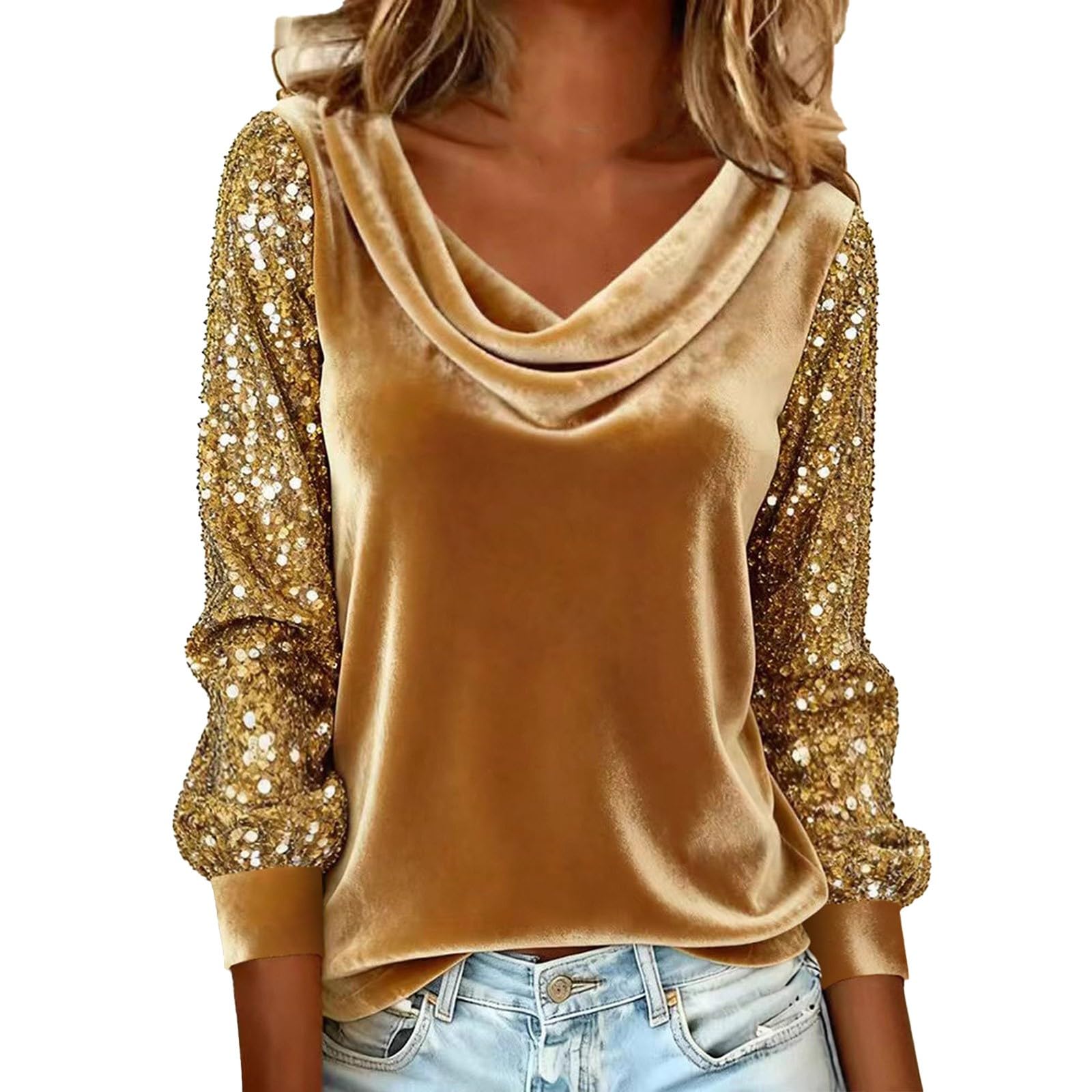 Sparkly Sweaters for Women Elegant Cowl Neck Sequin Shirts Casual Velvet Mesh Sleeve Winter Holiday Party Top