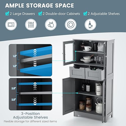 Miniatura 4 de COSTWAY Armario de almacenamiento de baño, organizador de baño independiente con puertas de vidrio, 2 cajones y 2 estantes ajustables, armario alto