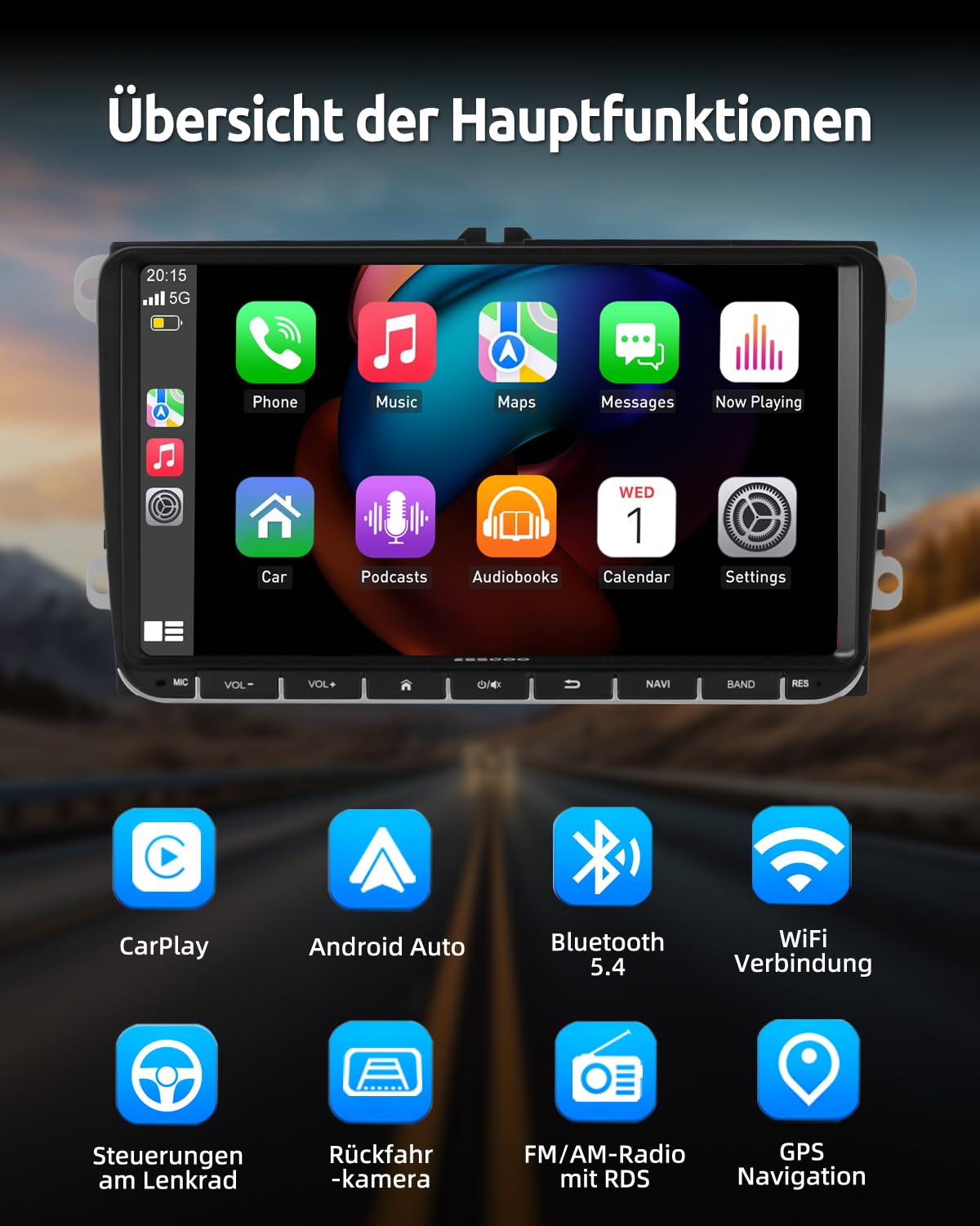 ESSGOO True 4+64G Wireless Autoradio, 9 Zoll Touchbildschirm mit Carplay Android Auto, Android 15 Car Radio für VW Golf 5 6 T5 Polo Passat Touran Tiguan Seat Skoda mit Bluetooth GPS AM FM RDS SWC
