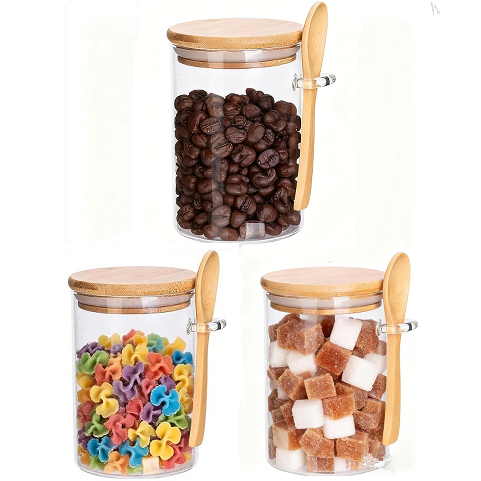 3 Pcs Glass Jars with Airtight Lid and Spoon Sleeves Set for Storage, Overnight Oats Container with Lid, Bath Salt Containers 530ml, Decorative home Kitchen Jar for Coffee/Tea/Sugar/Spice