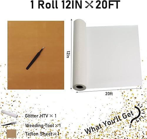 Miniatura 10 de Bonnyhtv Rollo de vinilo de transferencia de calor HTV de 12 x 20 pies, vinilo para planchar con purpurina para Cricut y Silhouette Cameo, vinilo